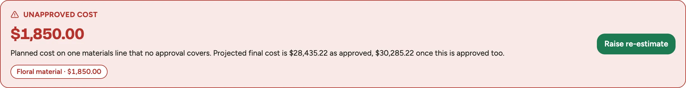 The Unapproved cost block on the contract card: the amount, the line it sits on, the projected final cost as approved and once this is approved too, the cost category chip, and the Raise re-estimate button