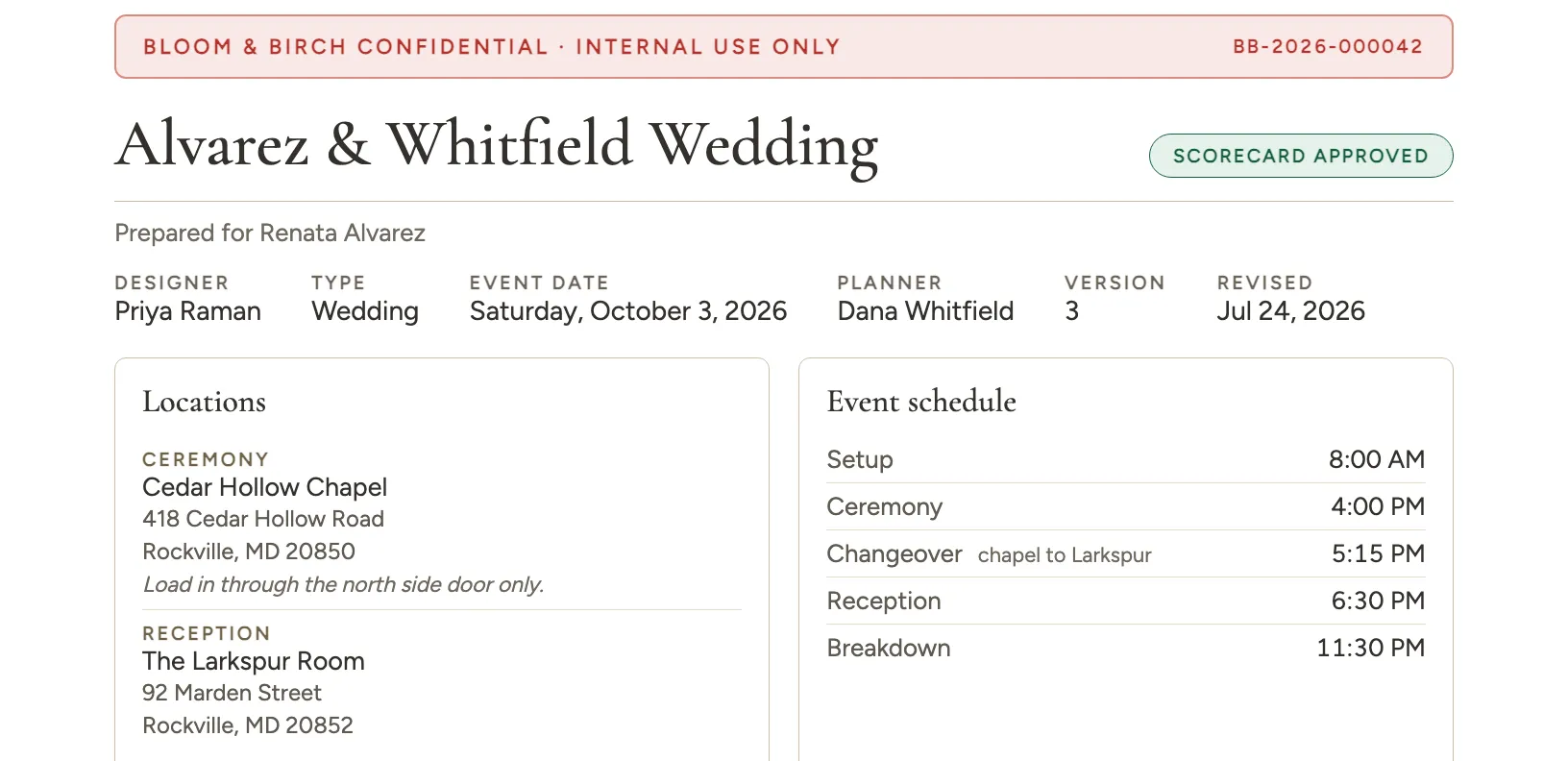The top of an internal cost sheet: a confidential banner, the event name with an approved scorecard badge, a row of facts for designer, type, event date, planner, version, and revision date, then a Locations panel listing the ceremony and reception venues with their street addresses beside the day-of schedule