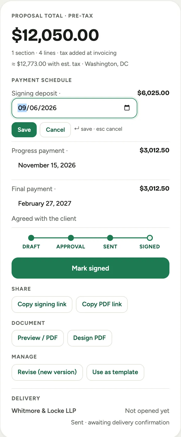 The proposal rail's payment schedule, with a due date open for editing and the Agreed with the client note under a payment that has been moved