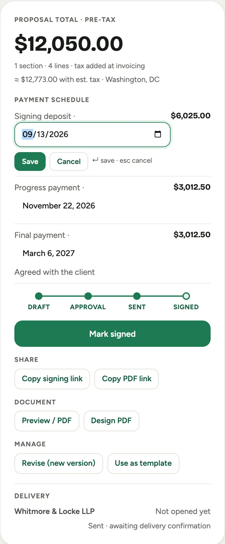 The proposal rail's payment schedule, with a due date open for editing and the Agreed with the client note under a payment that has been moved