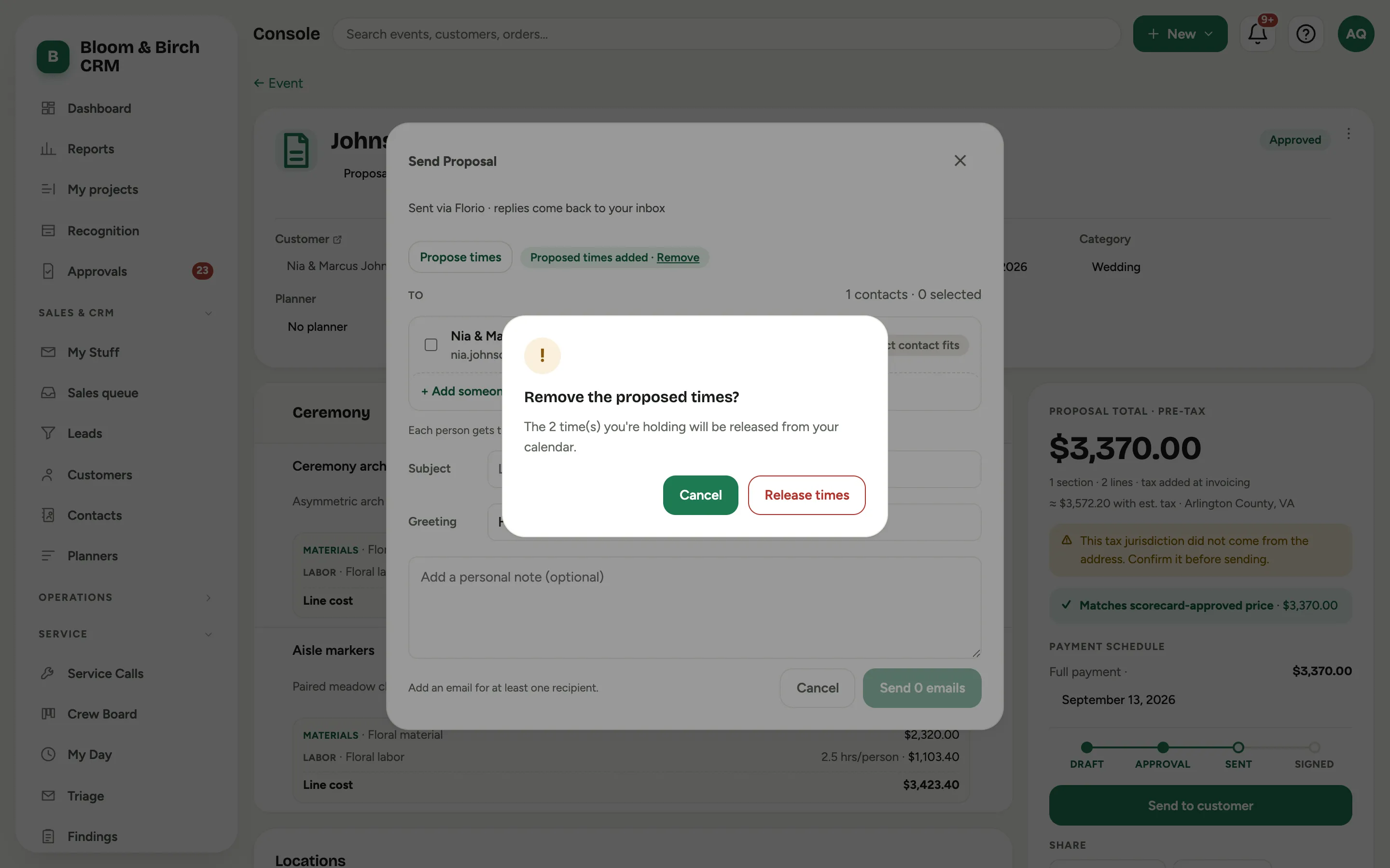 The Remove the proposed times question in the proposal send window, saying the held time will be released from the calendar, with Keep editing and Release times