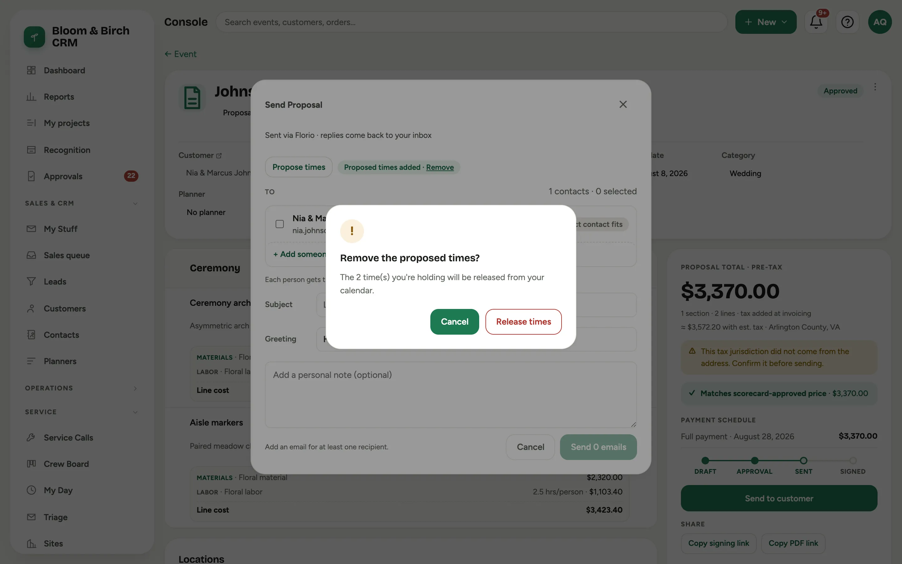 The Remove the proposed times question in the proposal send window, saying the held time will be released from the calendar, with Keep editing and Release times