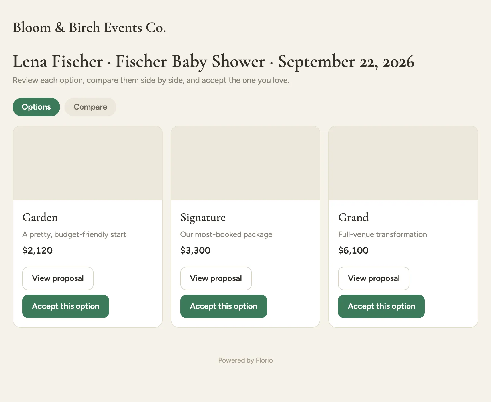 The client-facing proposal chooser: the studio brand, the client and event line, and three option cards (Garden, Signature, Grand) each with a price, View proposal, and Accept this option