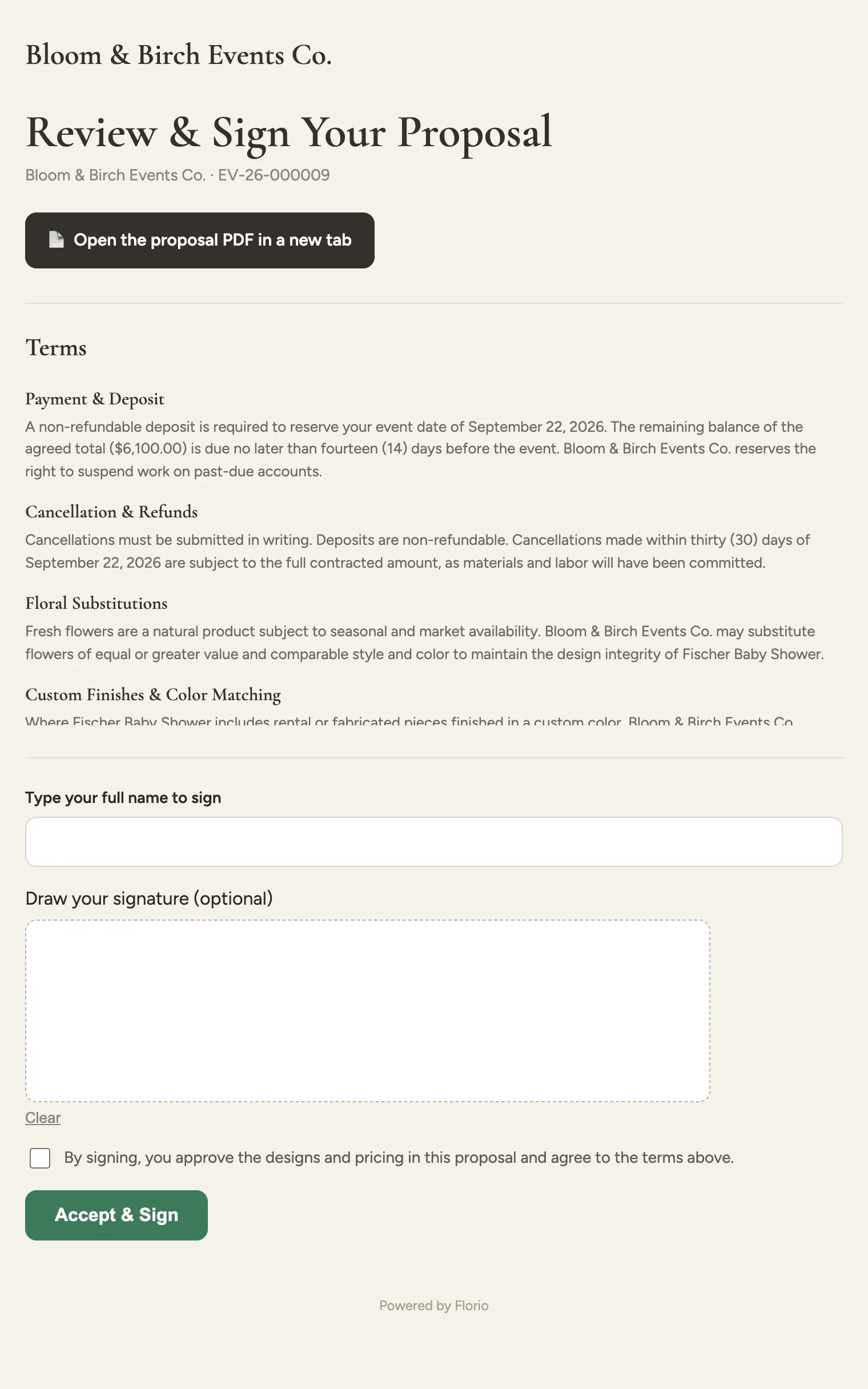 The client-facing signing page: Open the proposal PDF button, the terms, a type-your-name field, a signature pad, an agreement checkbox, and the Accept and Sign button