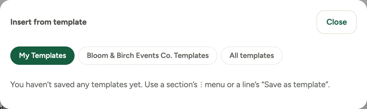 The Insert from template picker on the proposal editor, listing saved section and line templates