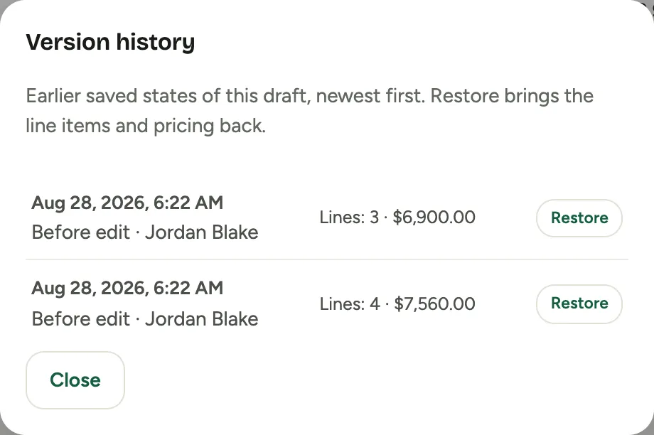 The Version history window listing earlier saved states of a draft, each with the time it was saved, who was editing, its line count and total, and a Restore button