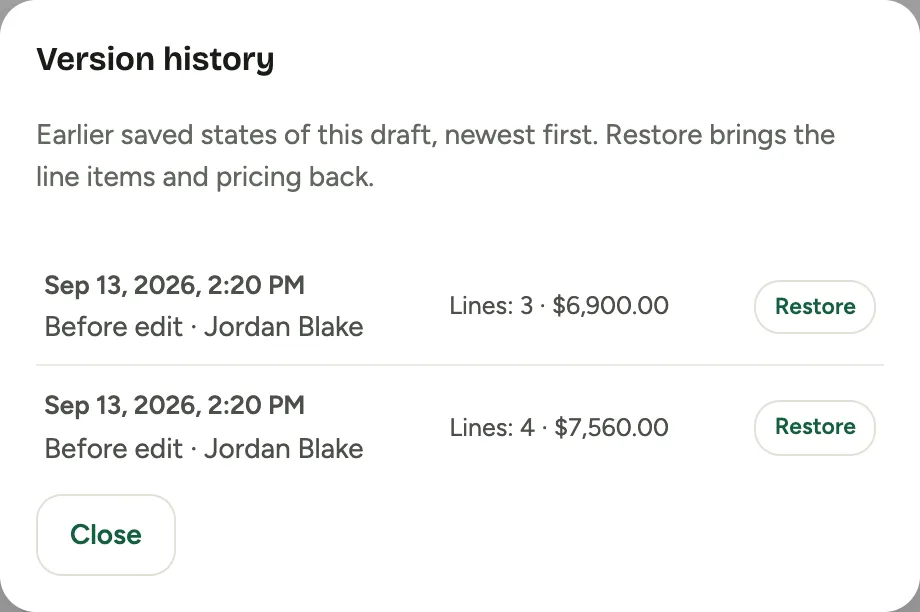 The Version history window listing earlier saved states of a draft, each with the time it was saved, who was editing, its line count and total, and a Restore button