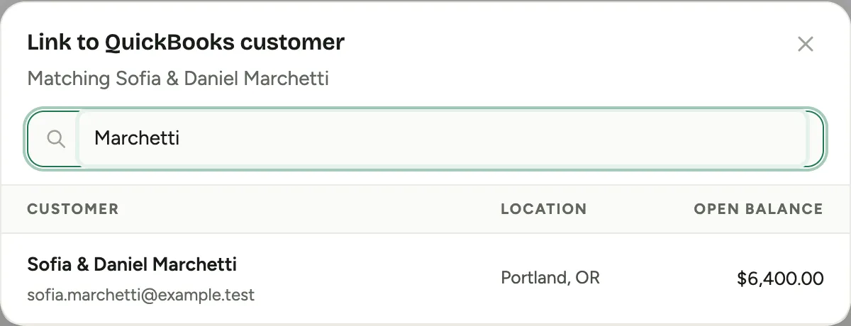 Searching QuickBooks customers by name, with city, state, and open balance on each result