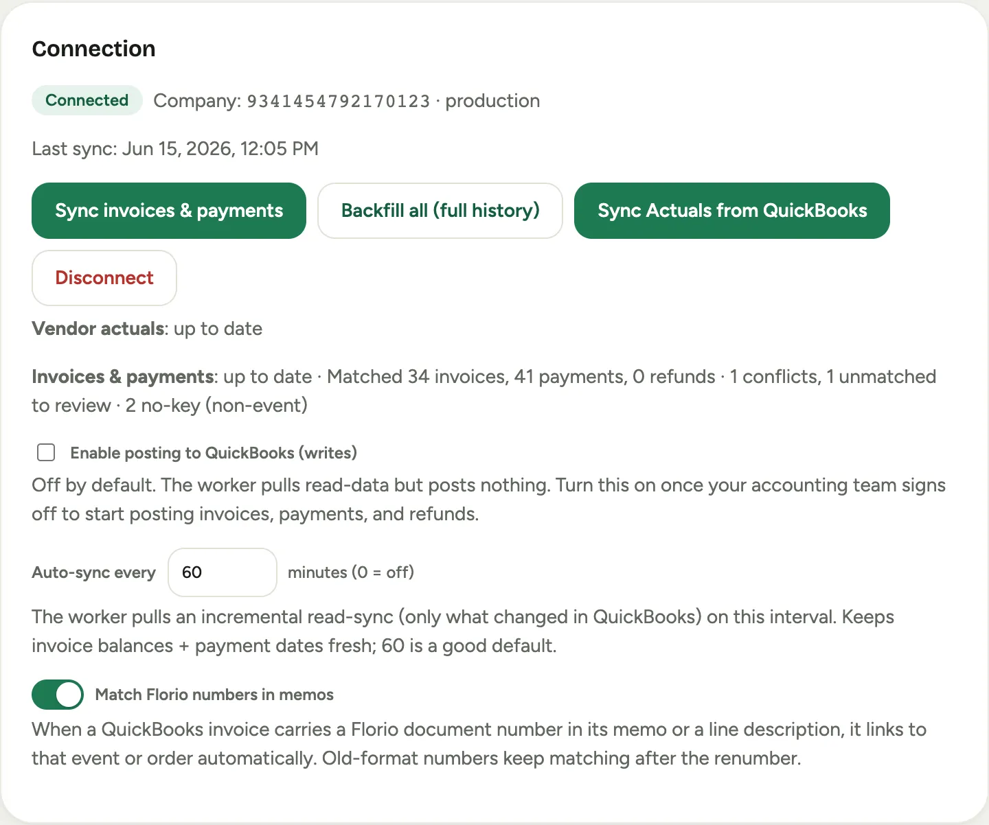 The Connection card after connecting: the Connected badge, the company, and the sync buttons