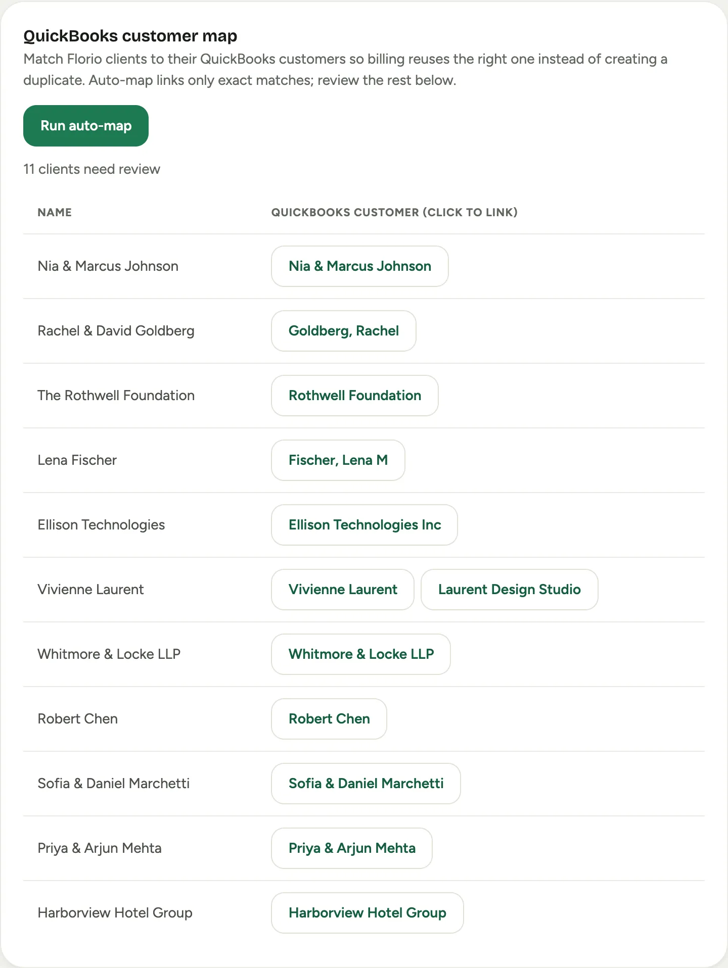 The customer map card: auto-map plus the review list