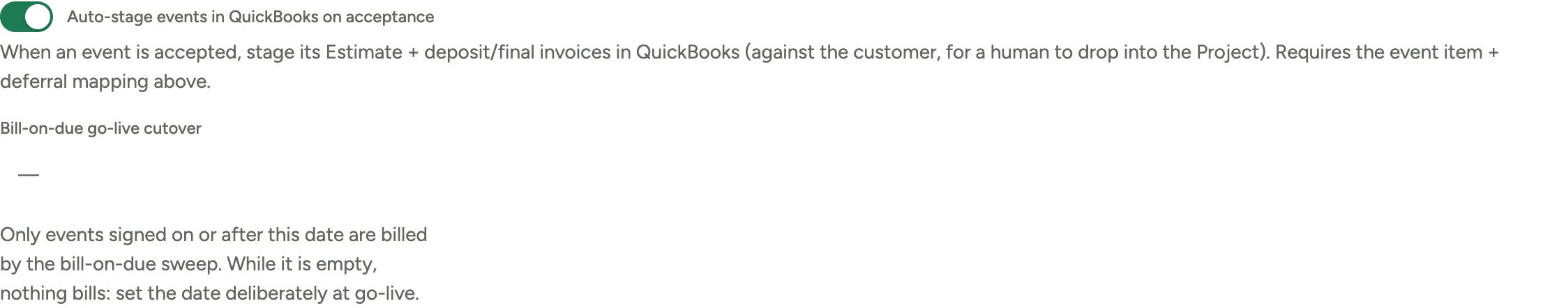 The switch that stages an accepted event's estimate and invoices for review