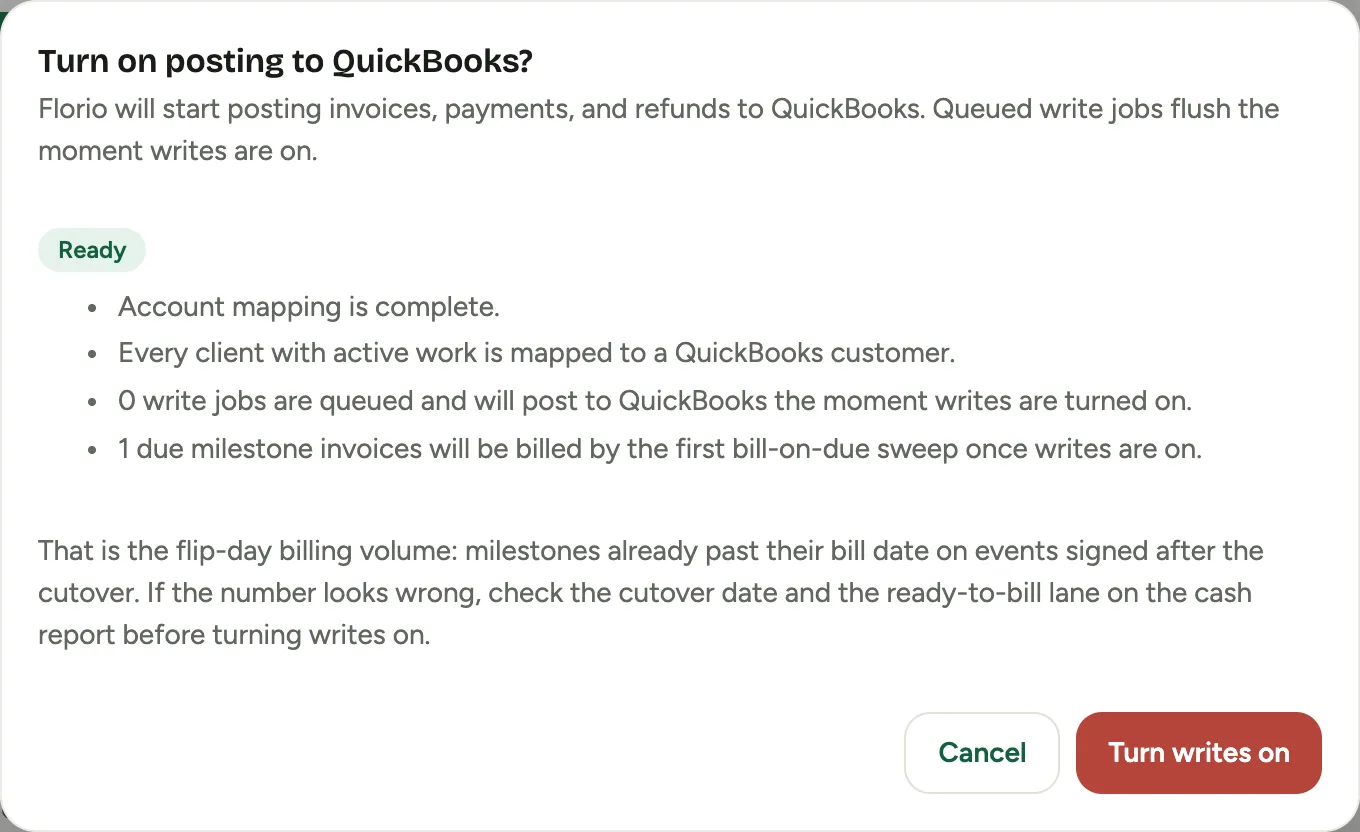 The go-live confirmation: live readiness, queued work, and the first sweep, before anything posts
