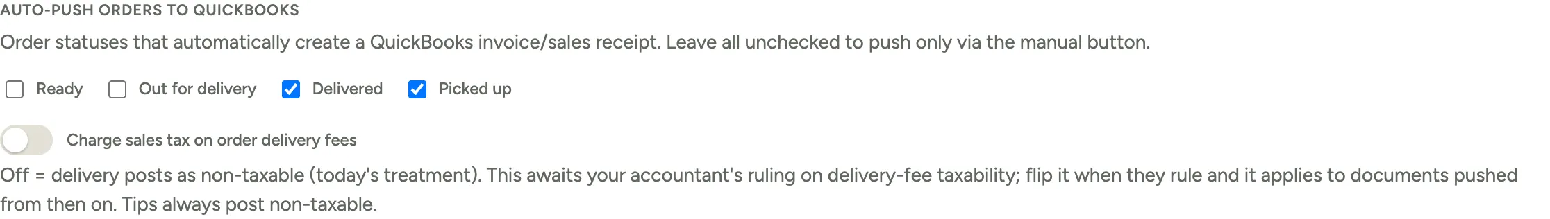 Choosing which order statuses trigger the invoice, delivered and picked up ticked
