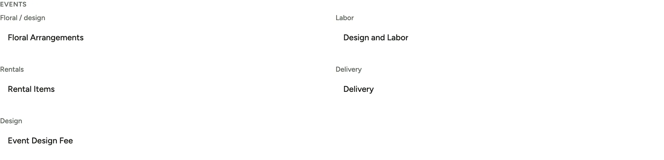 The Events item mappings: floral and design, labor, rentals, delivery, design