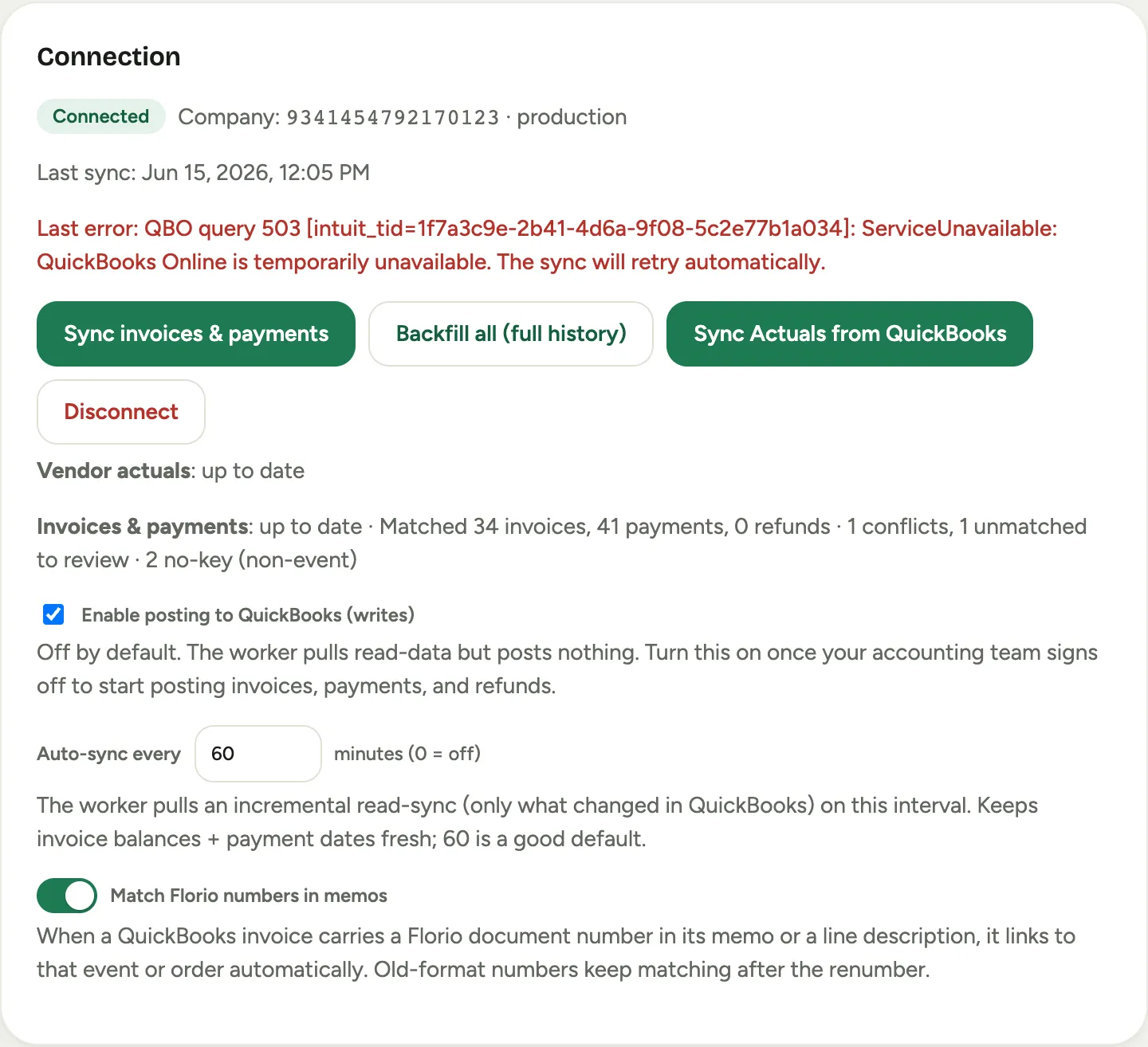 The Connection card surfacing the most recent sync error