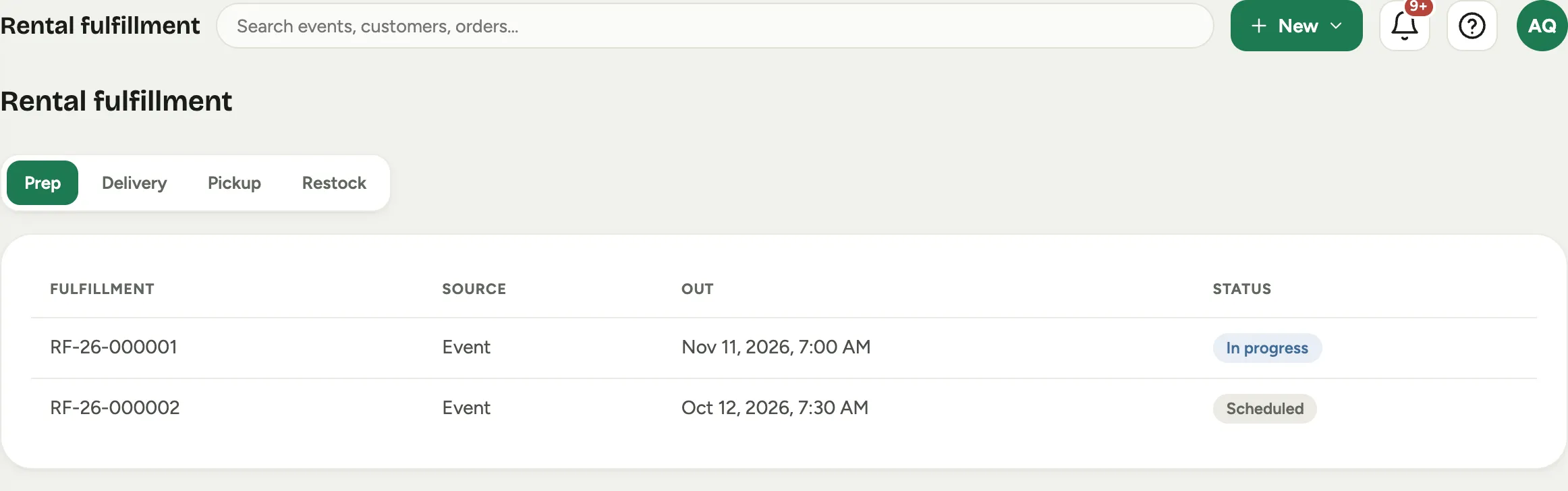 The Rental fulfillment board on the Prep stage: a row per rental order with its source, out date, and stage status
