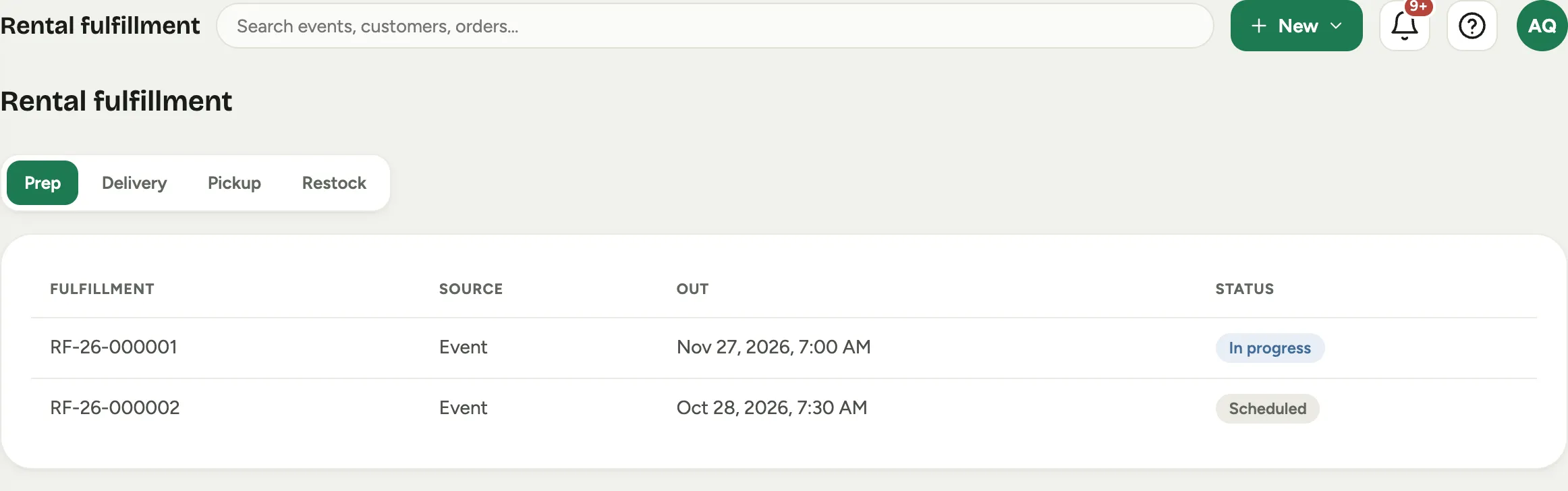 The Rental fulfillment board on the Prep stage: a row per rental order with its source, out date, and stage status