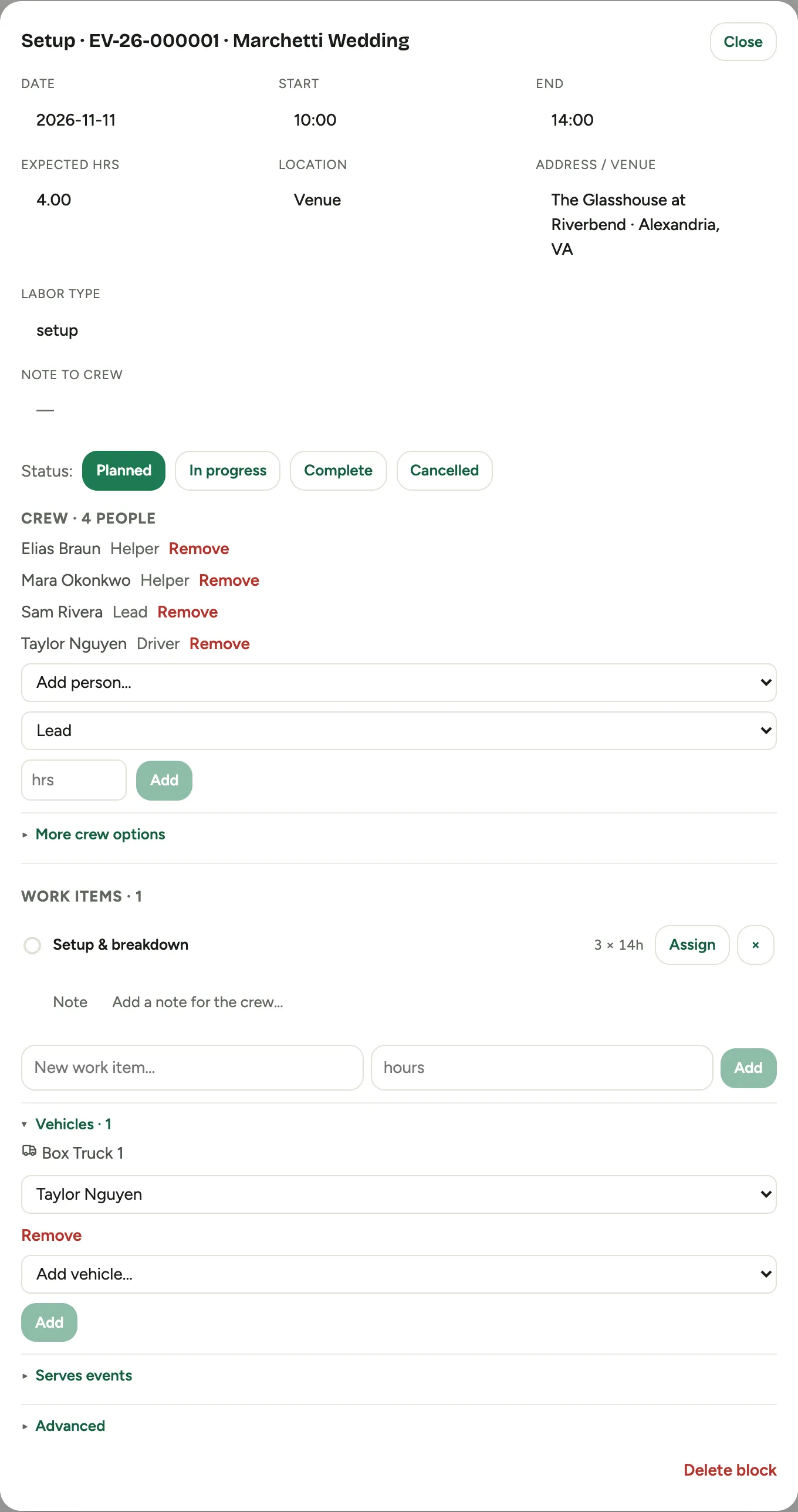 The block editor for a Setup phase: date and time fields, status buttons, the crew with roles and hours, and collapsed sections for more crew options, vehicles, and advanced tools