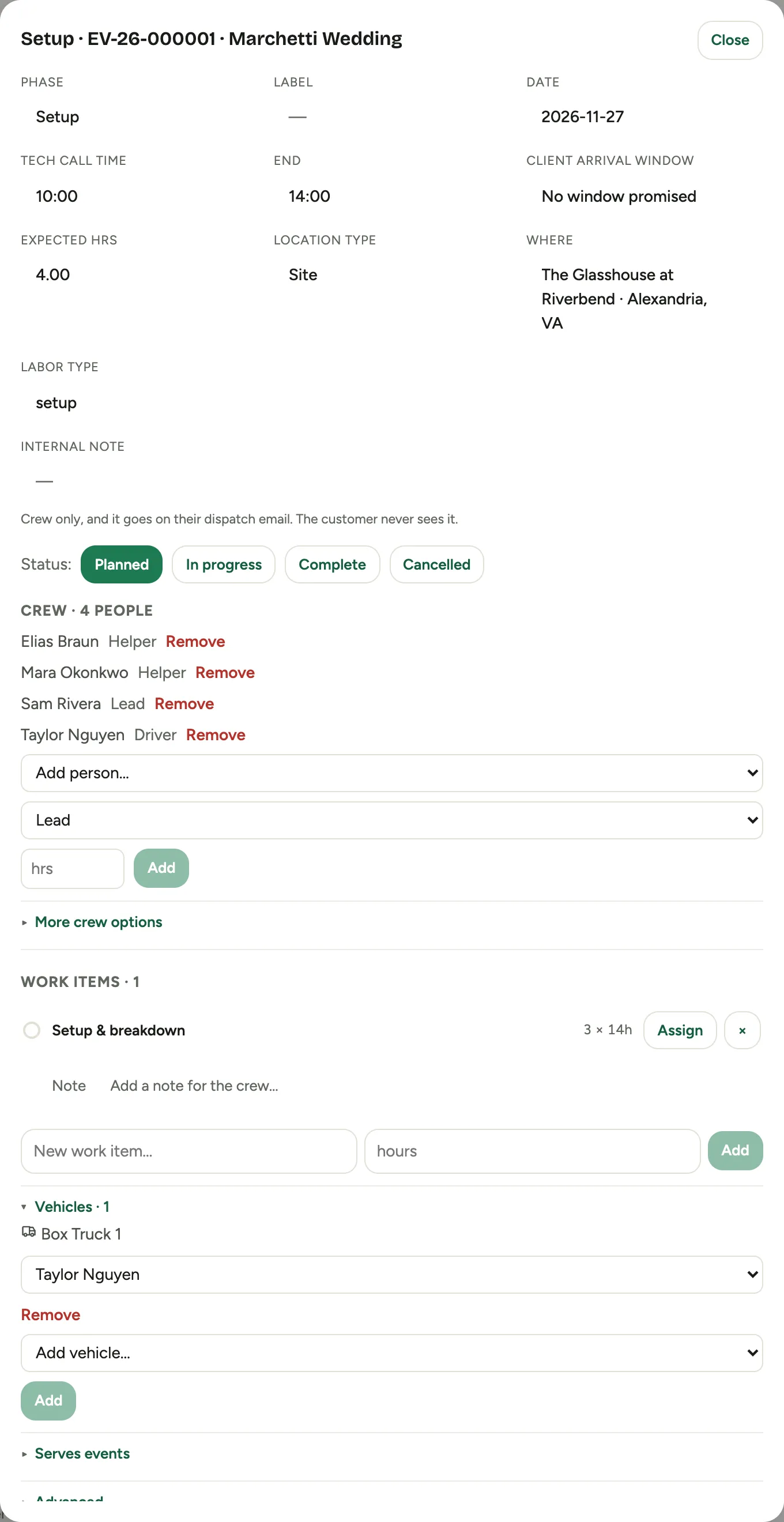The block editor for a Setup phase: date and time fields, status buttons, the crew with roles and hours, and collapsed sections for more crew options, vehicles, and advanced tools