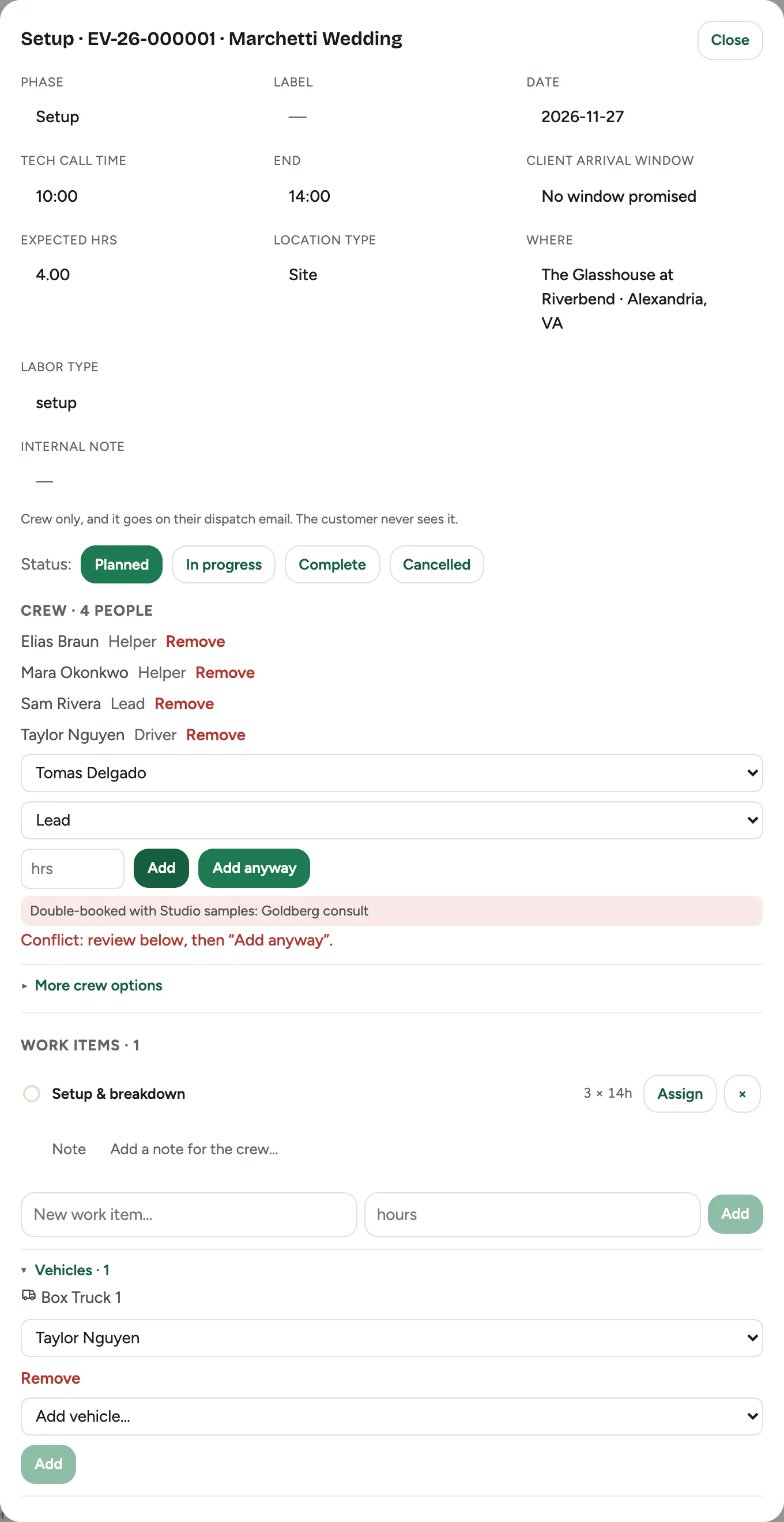The block editor refusing a double-booking: the conflict names the block the person is already committed to, with an Add anyway button next to the ordinary Add