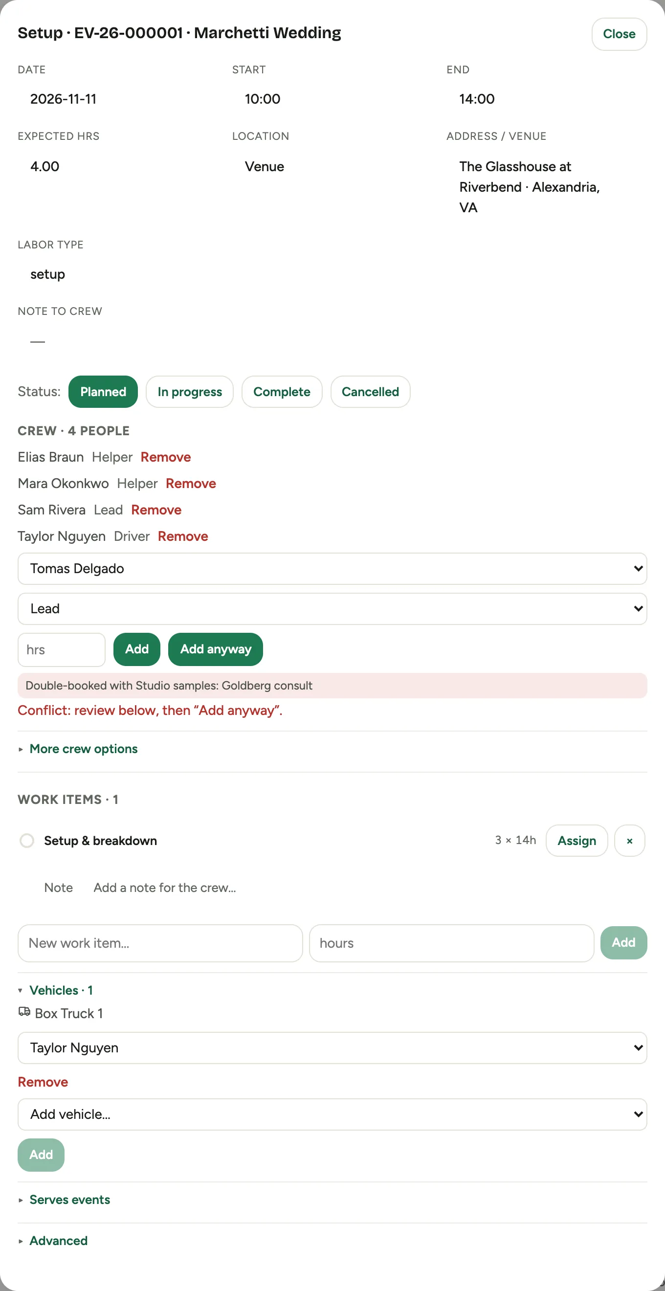 The block editor refusing a double-booking: the conflict names the block the person is already committed to, with an Add anyway button next to the ordinary Add
