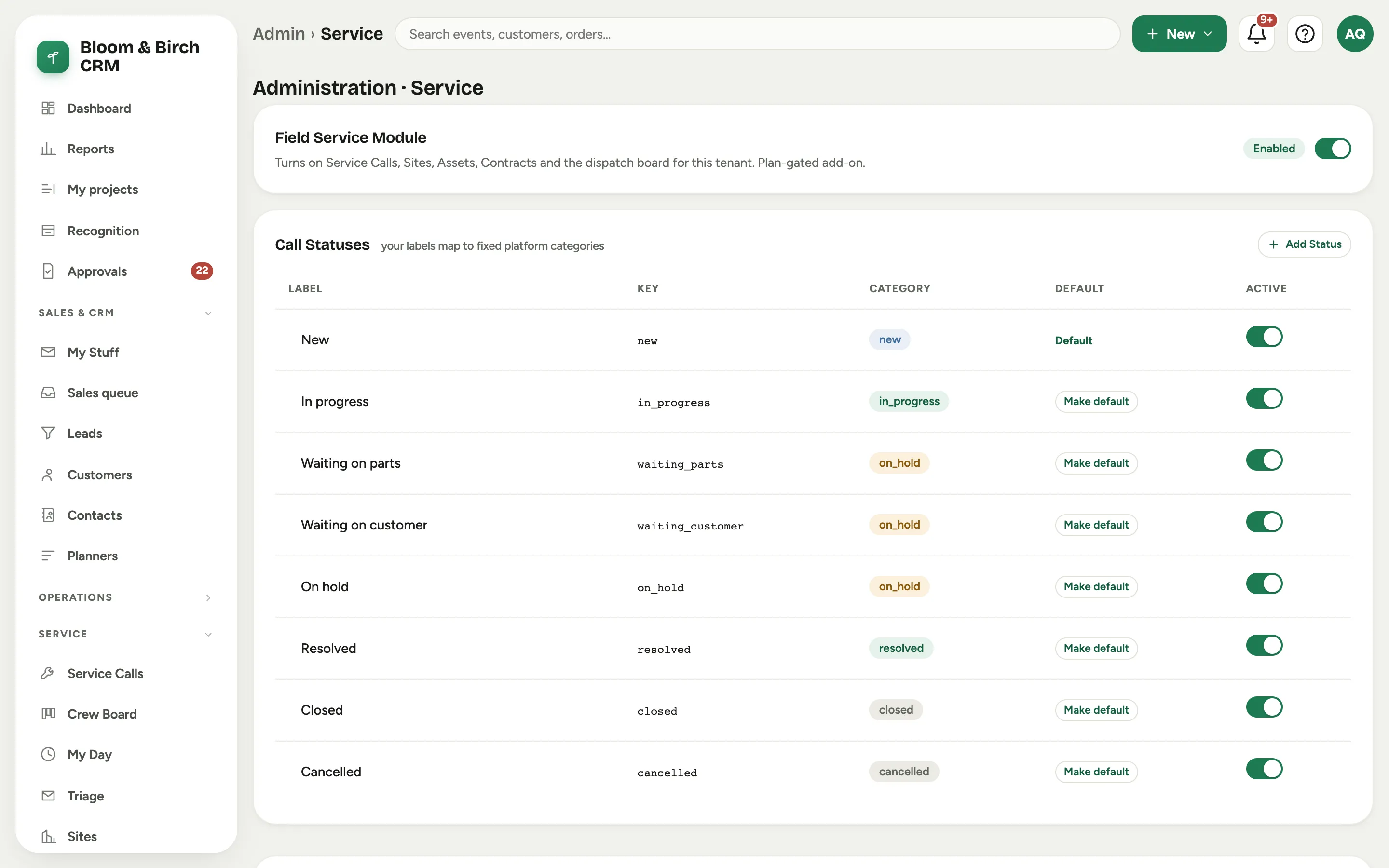 The Admin Service tab: the module flag and the Call Statuses table