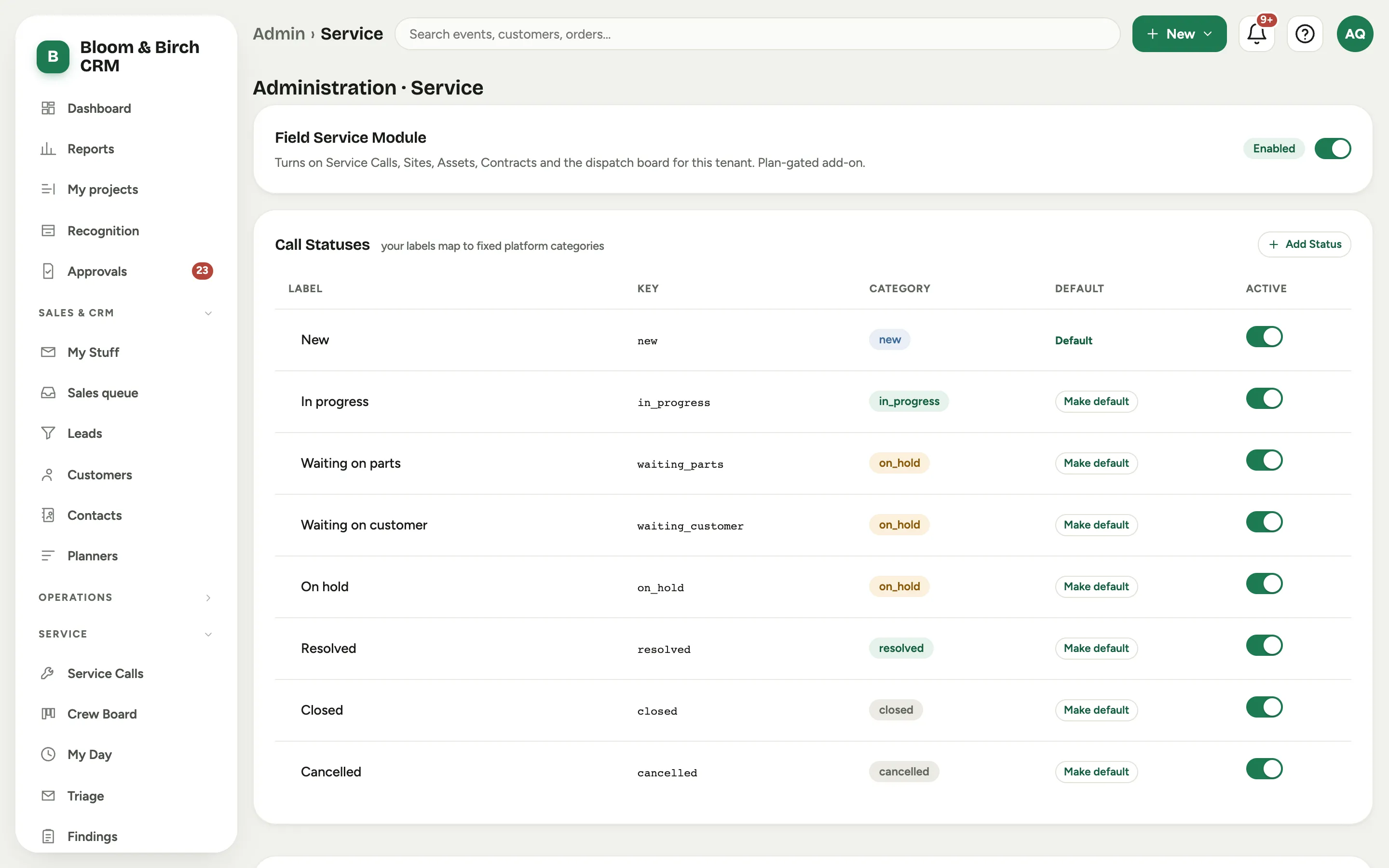 The Admin Service tab: the module flag and the Call Statuses table