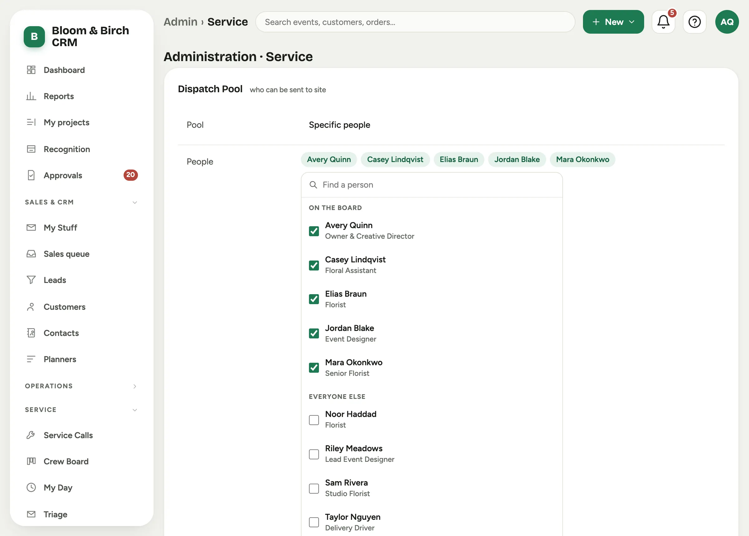 Admin, Service: the dispatch pool set to specific people, with the picker open