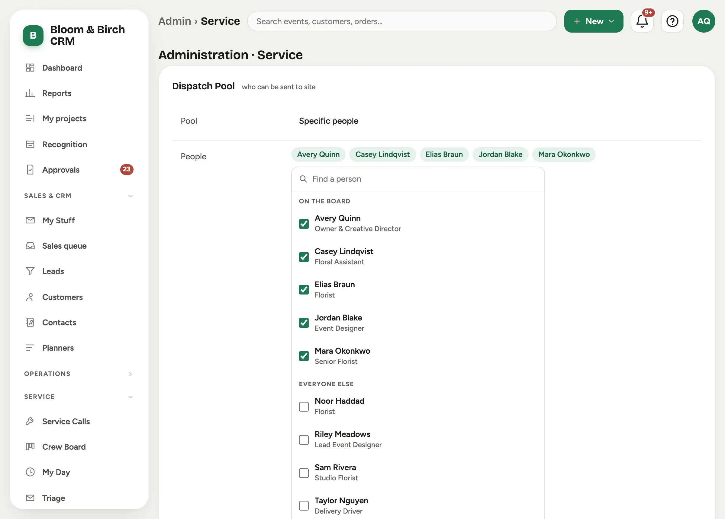 Admin, Service: the dispatch pool set to specific people, with the picker open