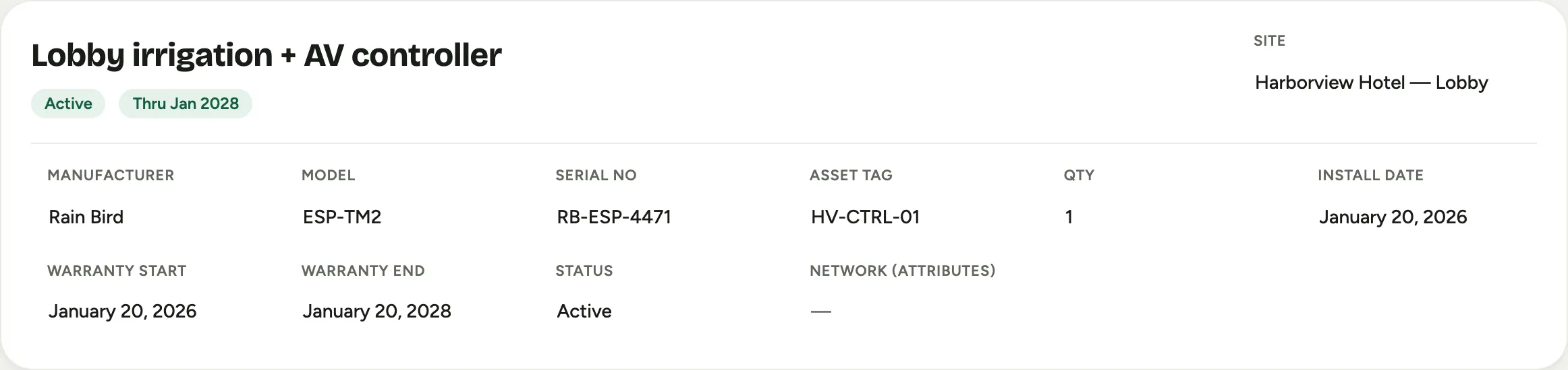An installed asset record: manufacturer, model, serial, warranty, and network attributes