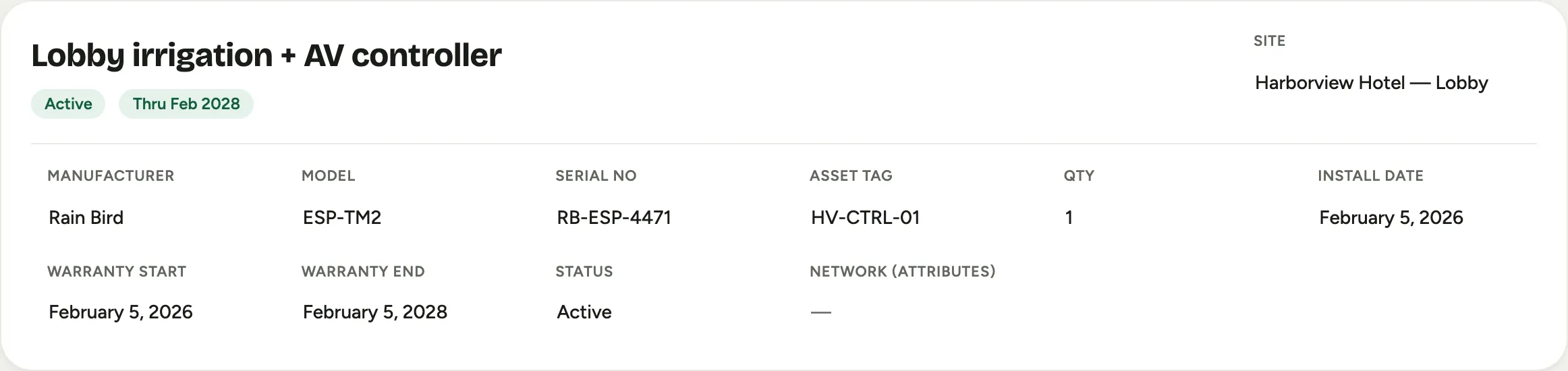 An installed asset record: manufacturer, model, serial, warranty, and network attributes