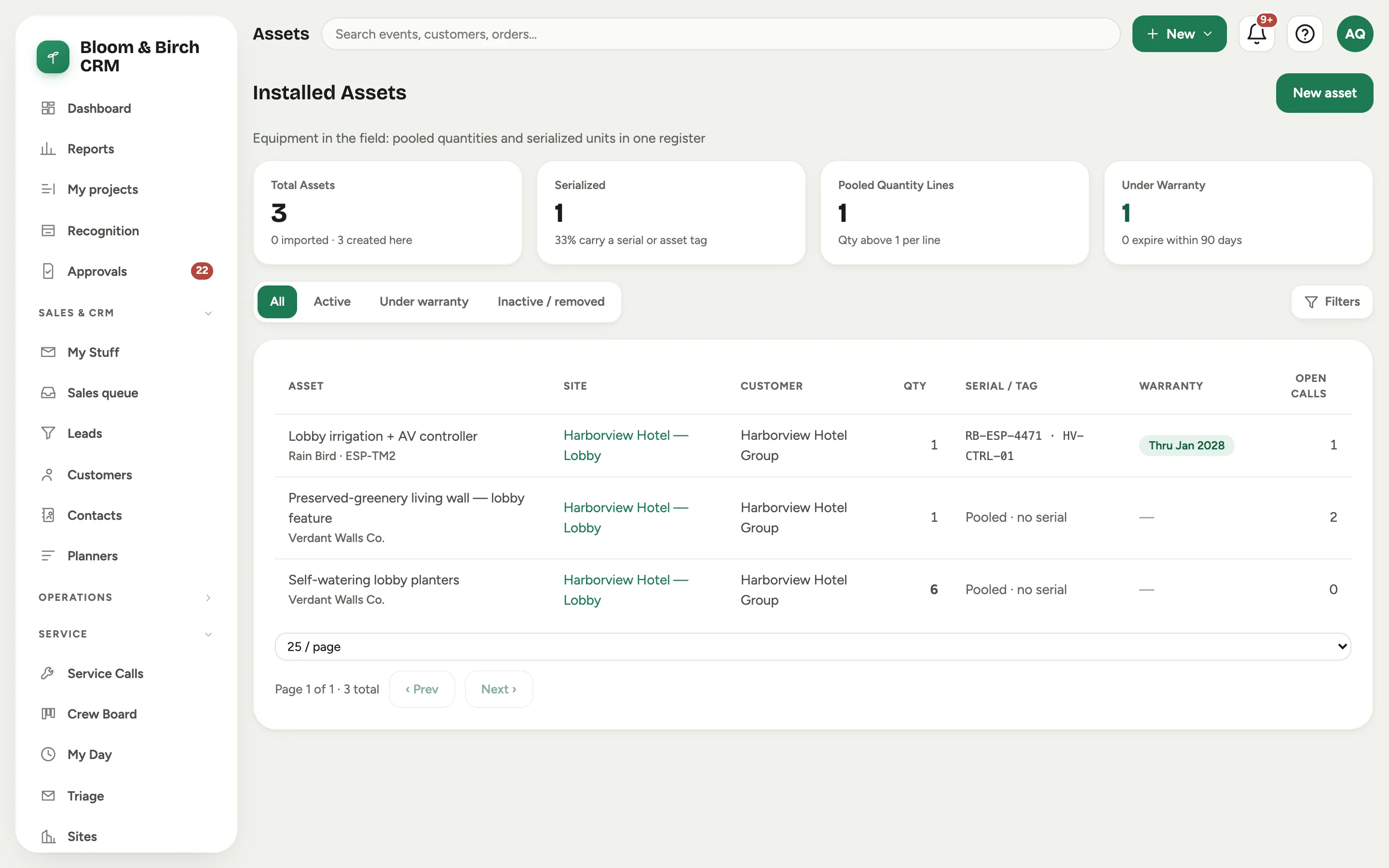 The Installed Assets list: serialized and pooled lines with warranty chips and open-call counts