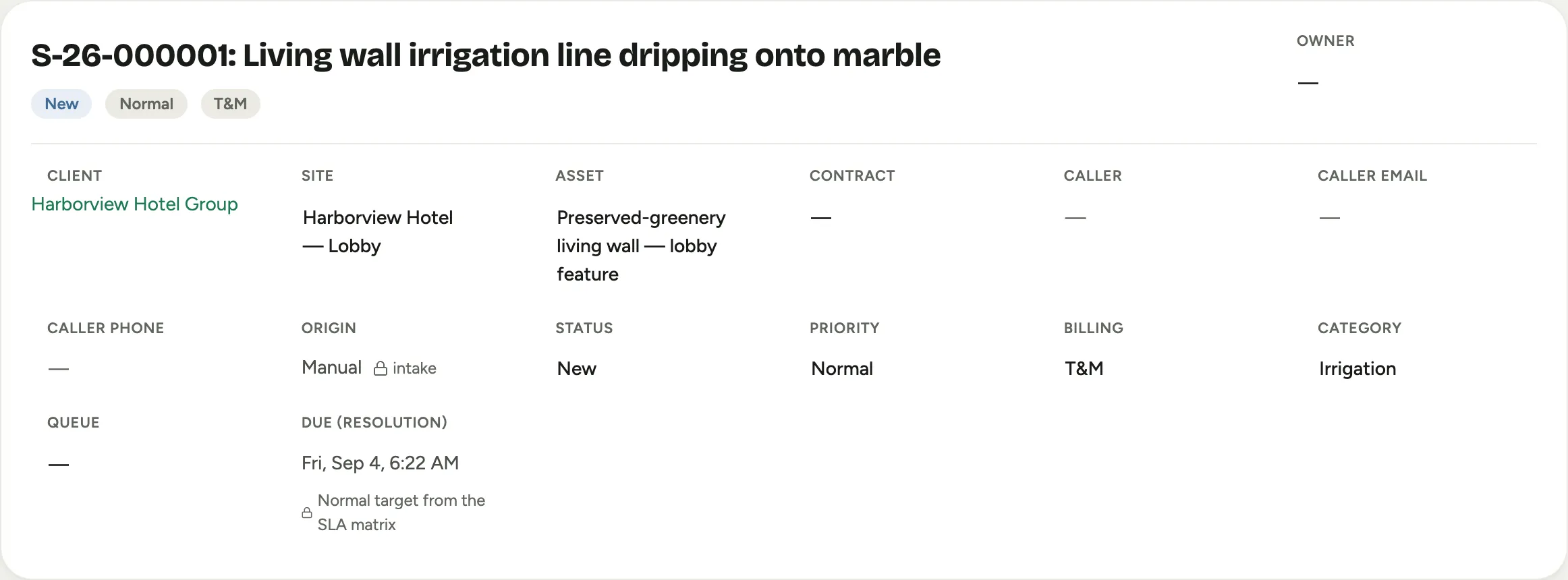 A service call record: the header with its status, priority, and billing chips, and the facts grid