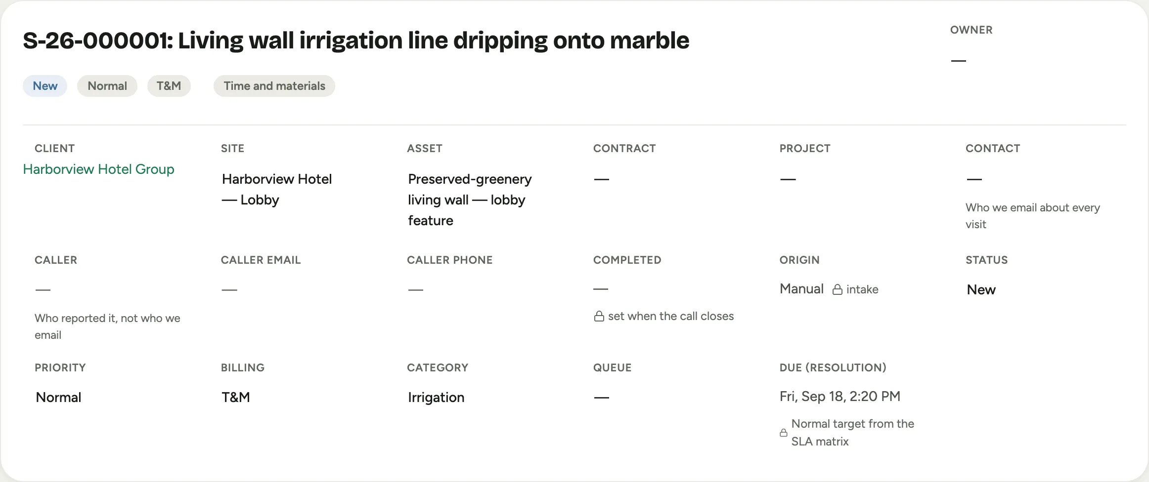 A service call record: the header with its status, priority, and billing chips, and the facts grid