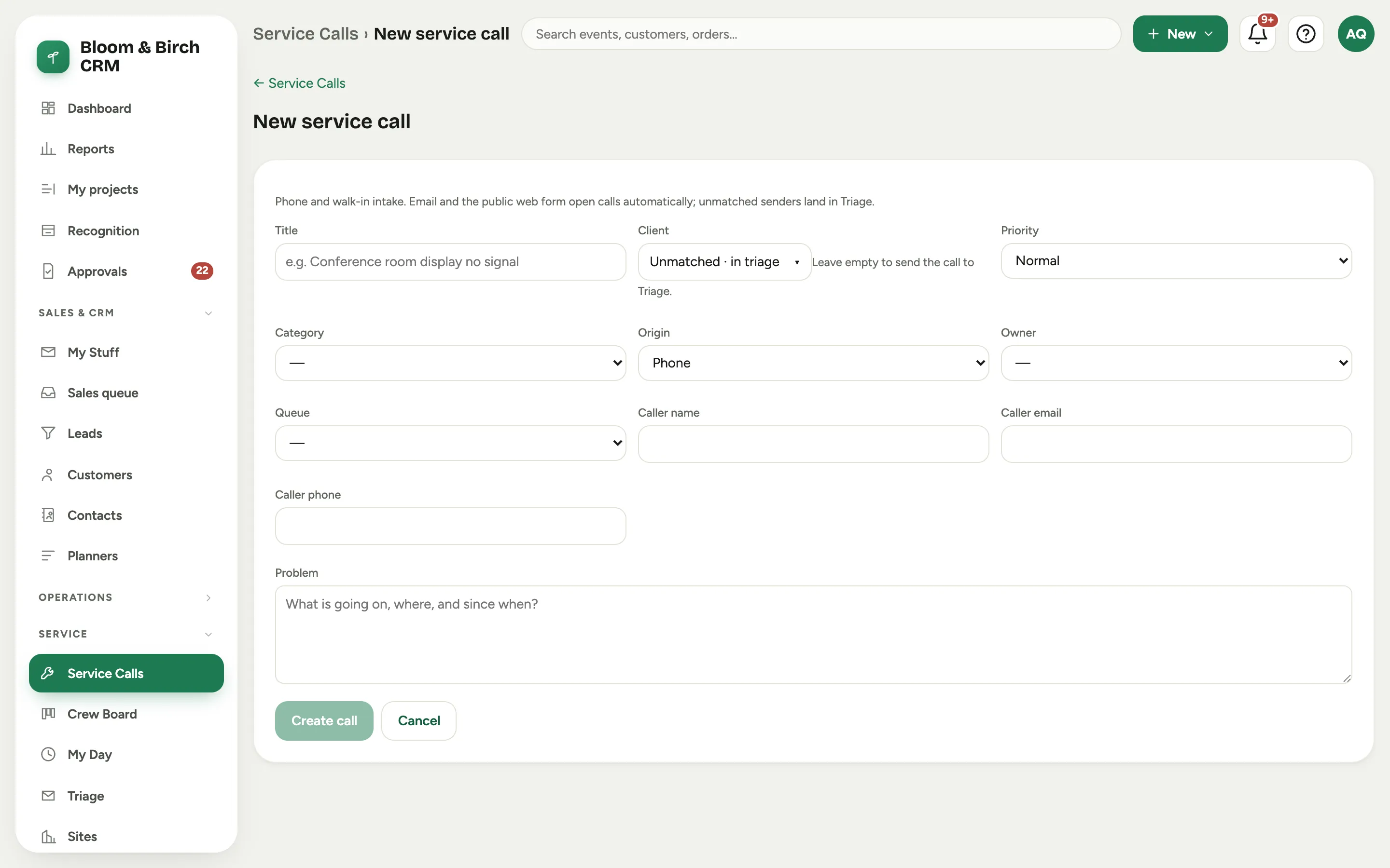 The New service call form: title, client, site, asset, contract, priority, category, origin, caller, and problem