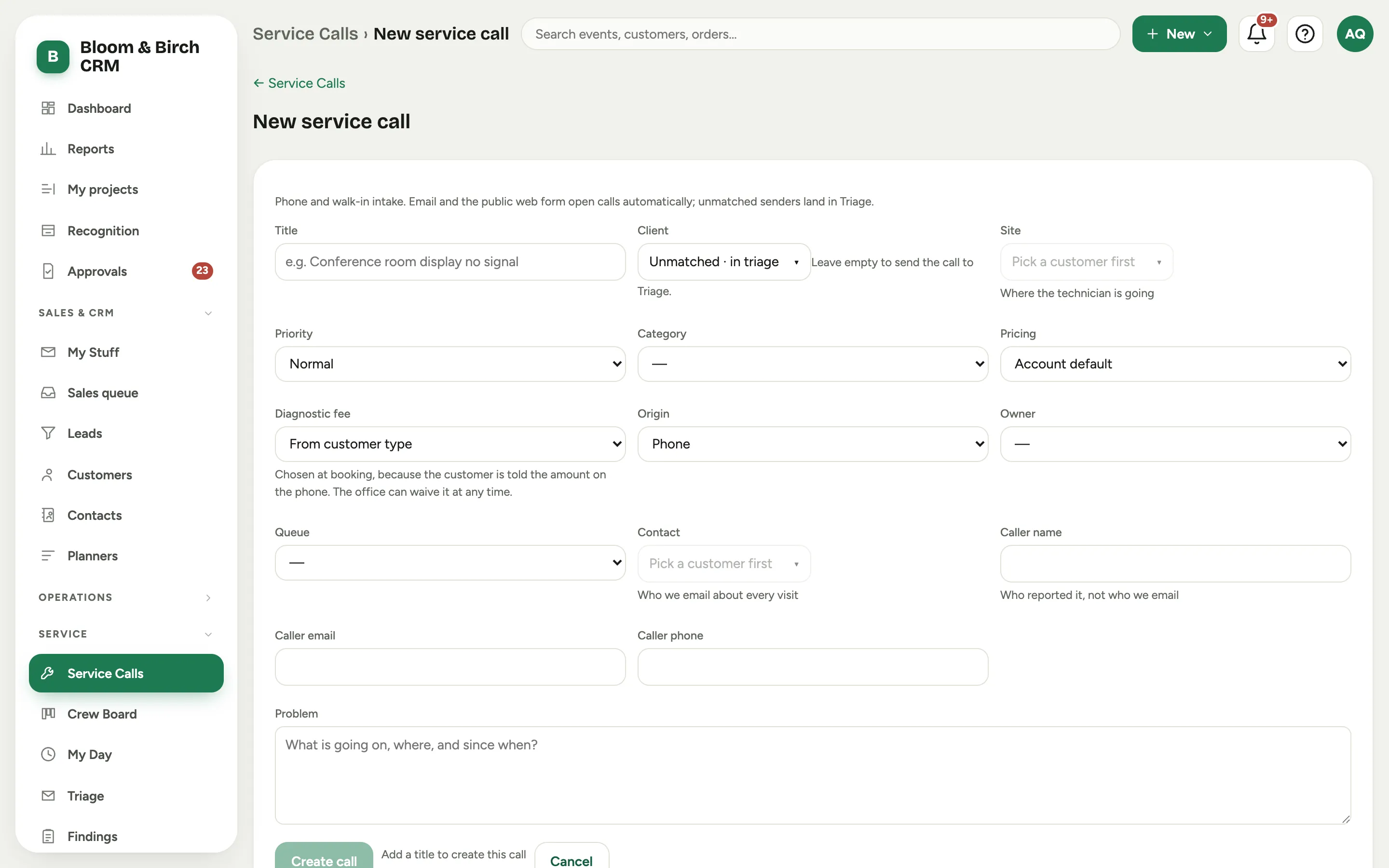 The New service call form: title, client, site, asset, contract, priority, category, origin, caller, and problem