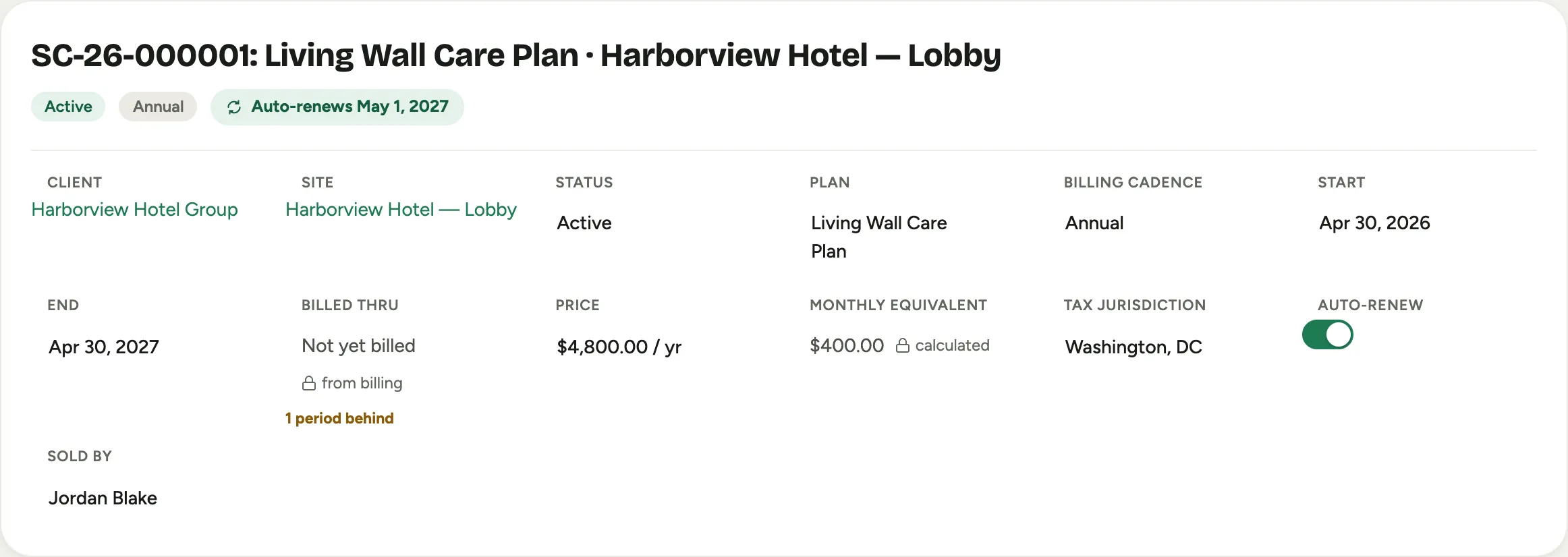 A service contract record: the plan, cadence, term, price, and renewal