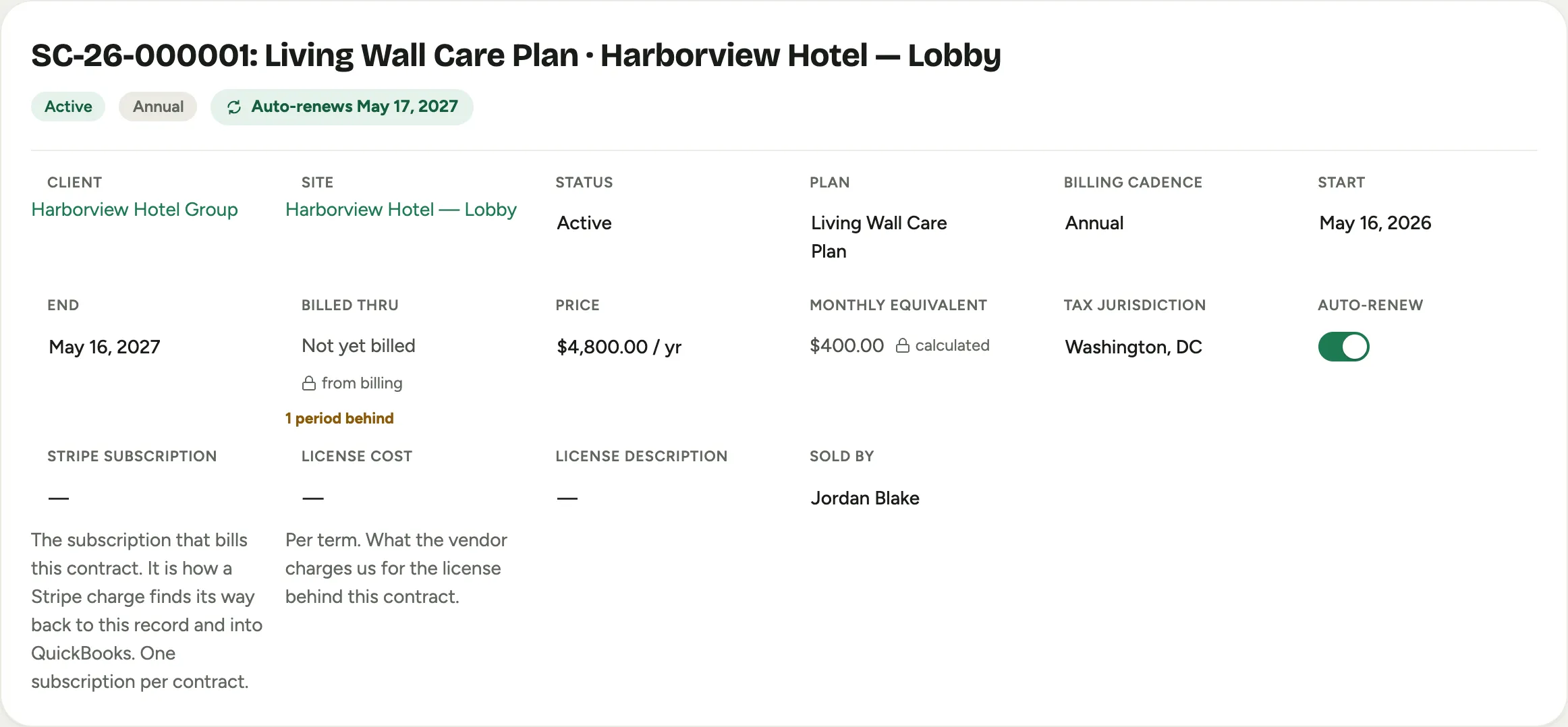 A service contract record: the plan, cadence, term, price, and renewal