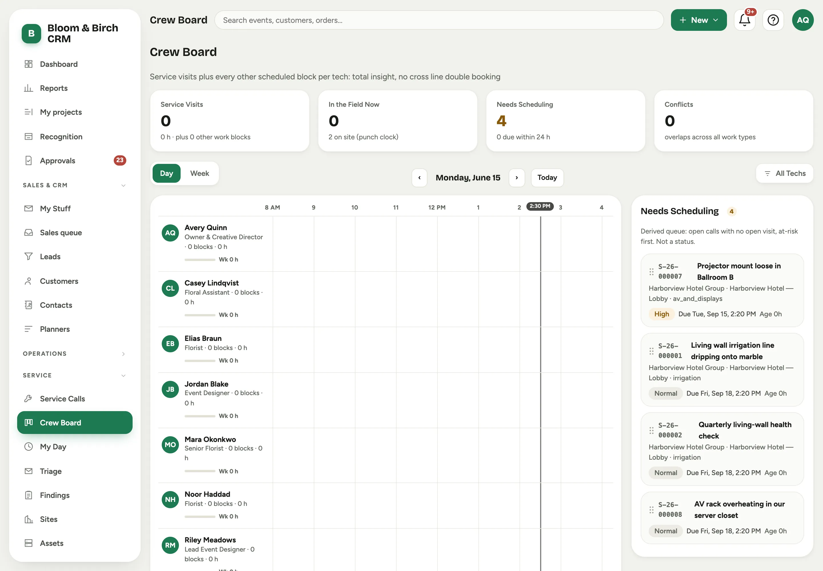 The Crew Board: a technician row with visits, the day timeline, and the Needs Scheduling rail