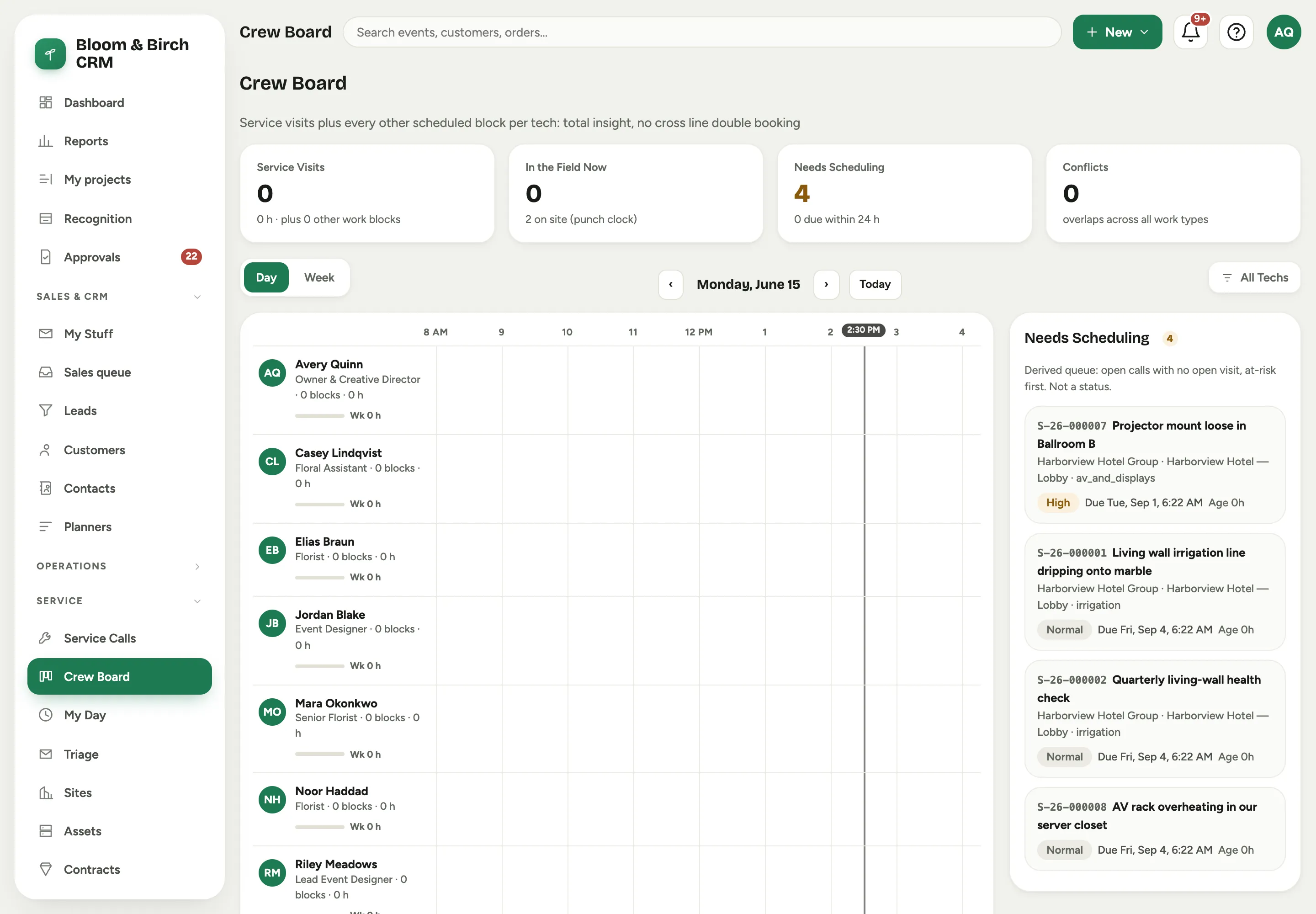 The Crew Board: a technician row with visits, the day timeline, and the Needs Scheduling rail