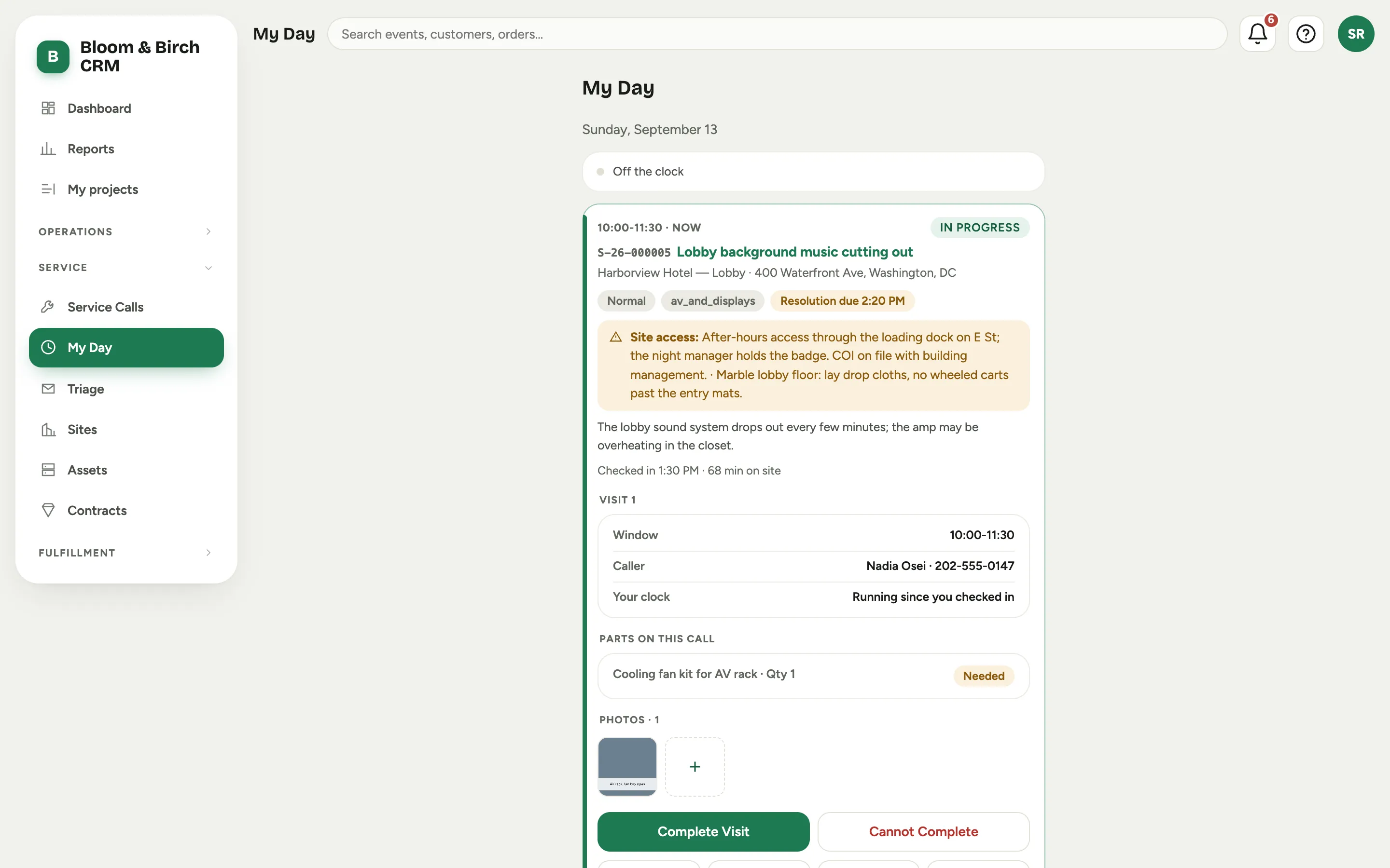 My Day: the current stop with site access, parts, photos, and the Check In and Complete Visit actions