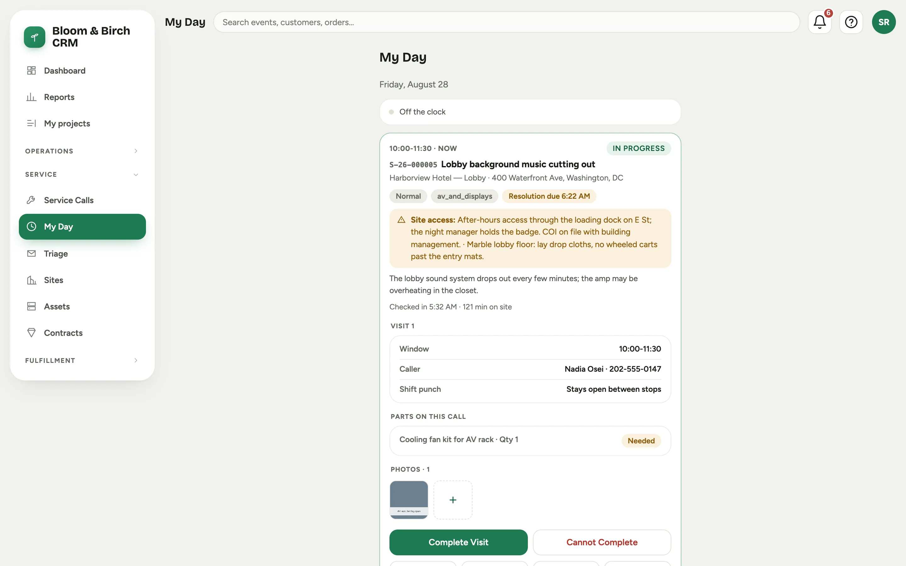 My Day: the current stop with site access, parts, photos, and the Check In and Complete Visit actions