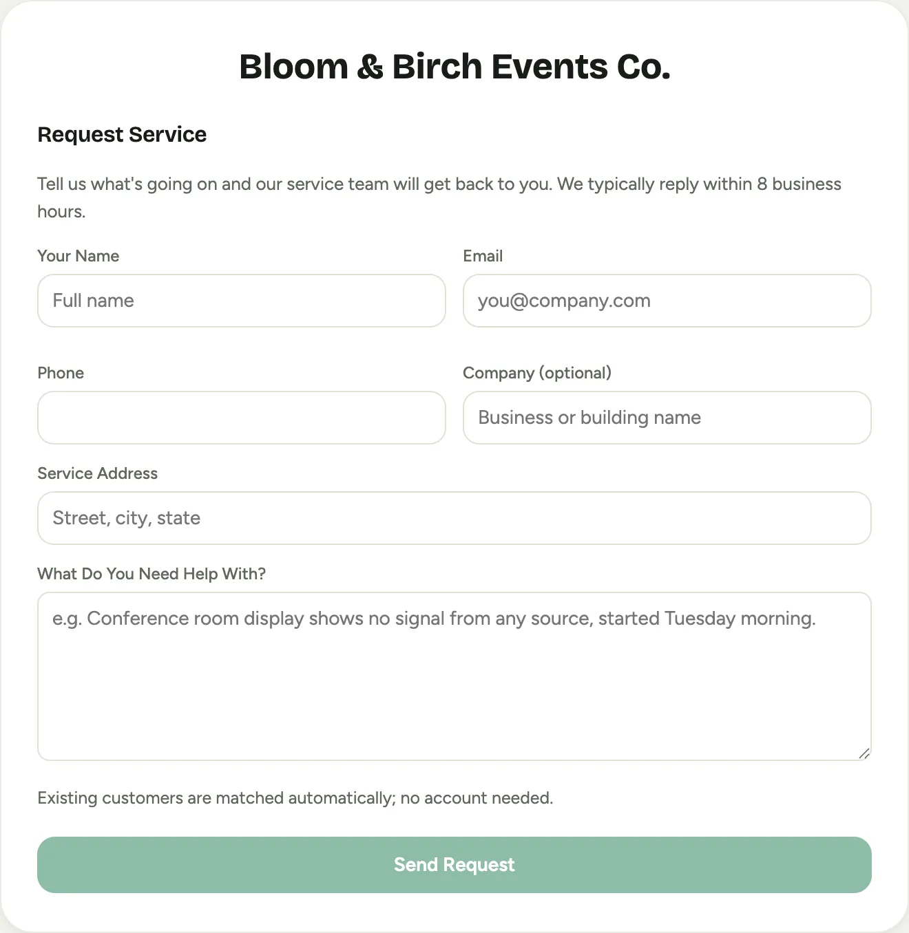 The public Request Service form: name, email, phone, company, service address, and the problem