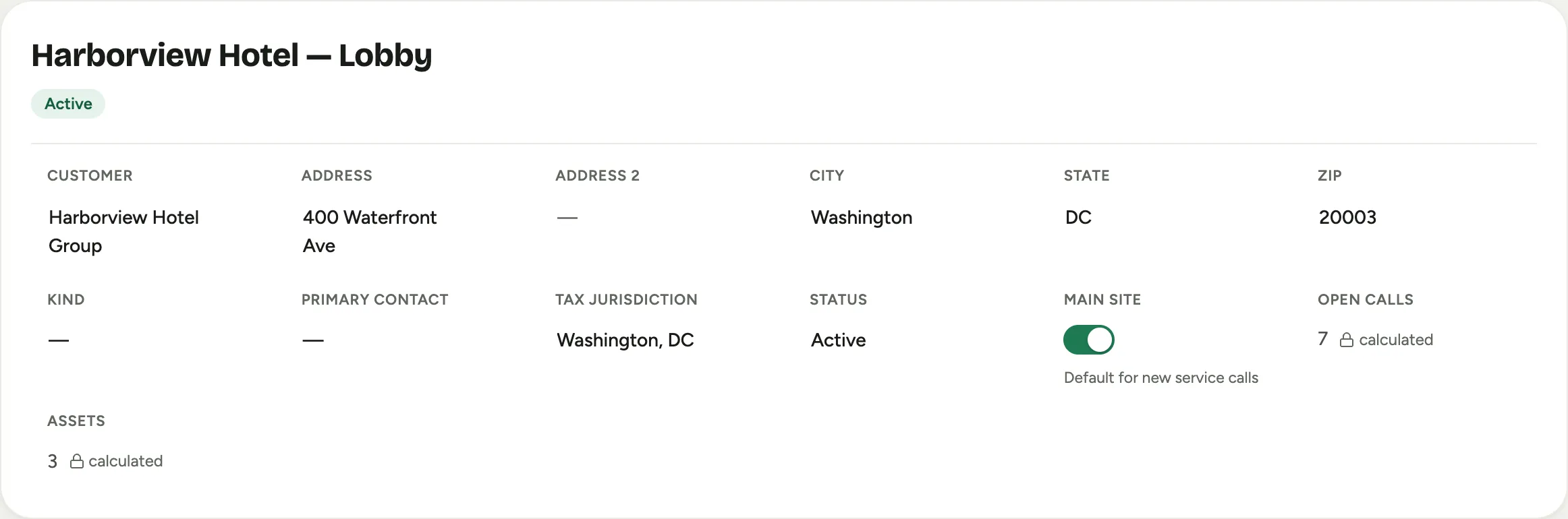 The Site 360 header: the customer, address, kind, and the calculated open-call and asset counts
