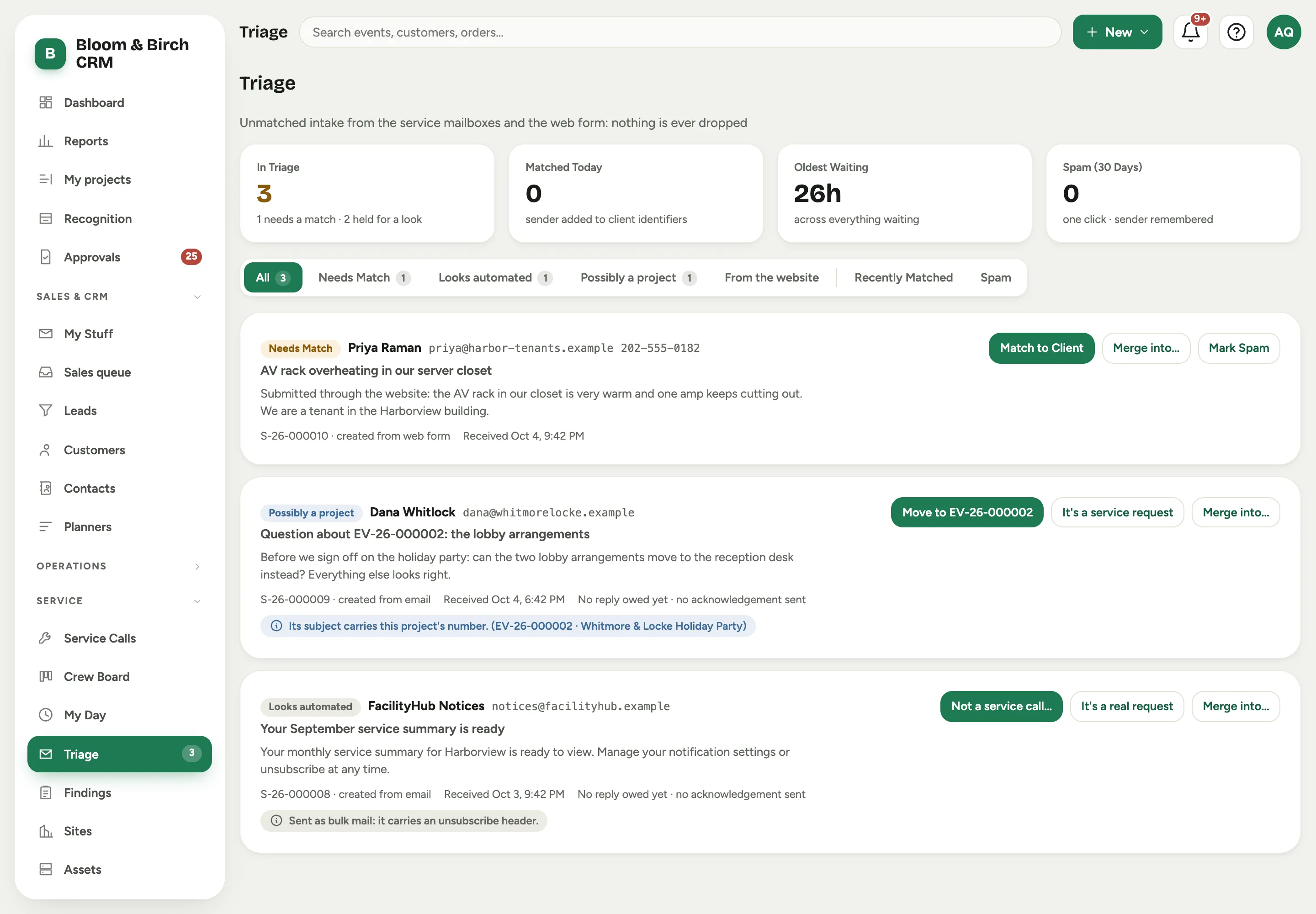 The Triage queue opened on All: an unmatched web-form request marked Needs Match, a client reply held as Possibly a project, and a bulk notice held as Looks automated