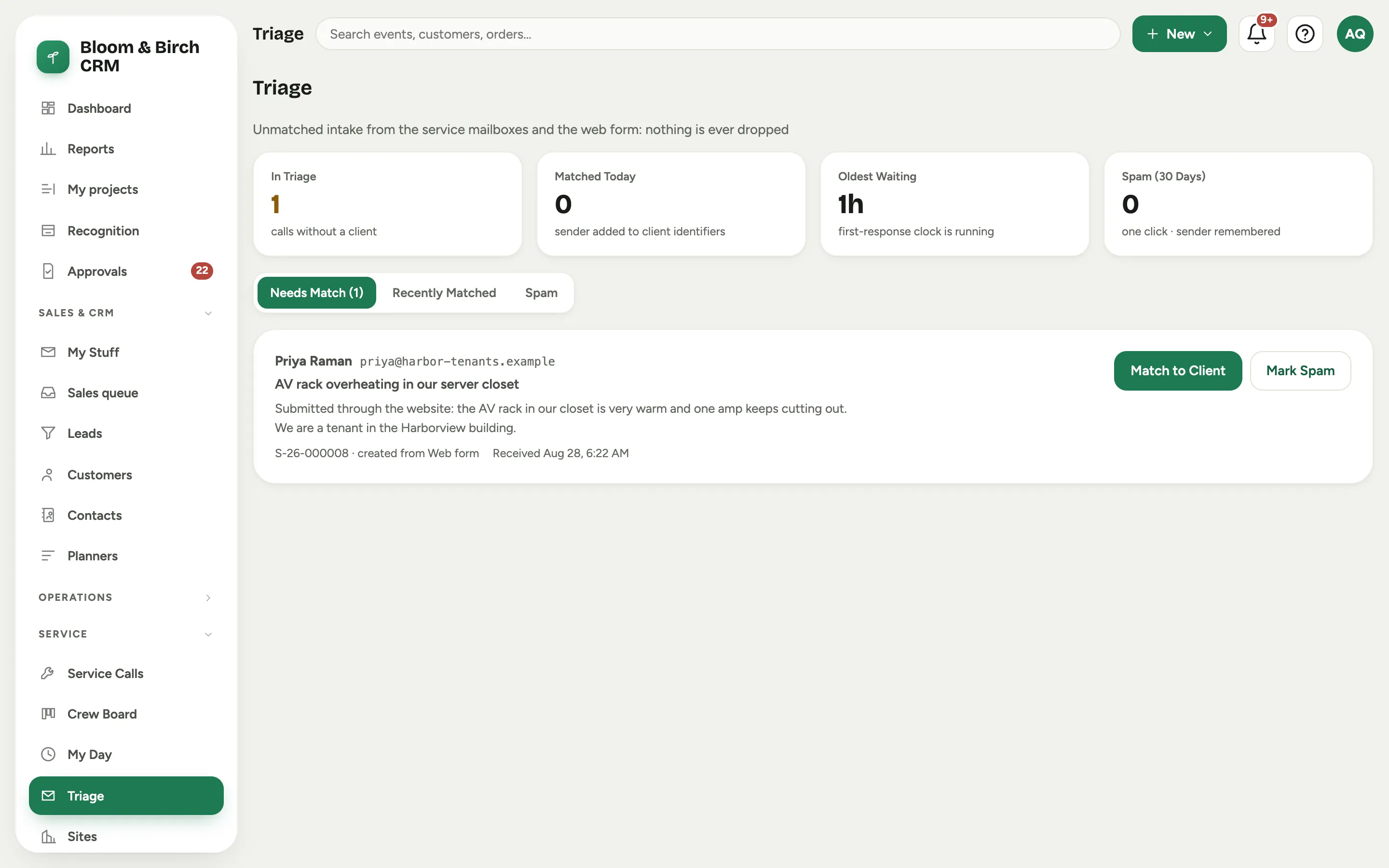 The Triage queue: an unmatched web-form request with Match to Client and Mark Spam actions