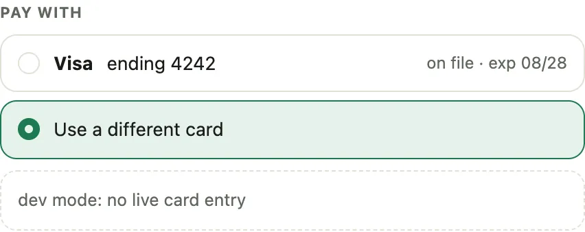 The card field after choosing a different card