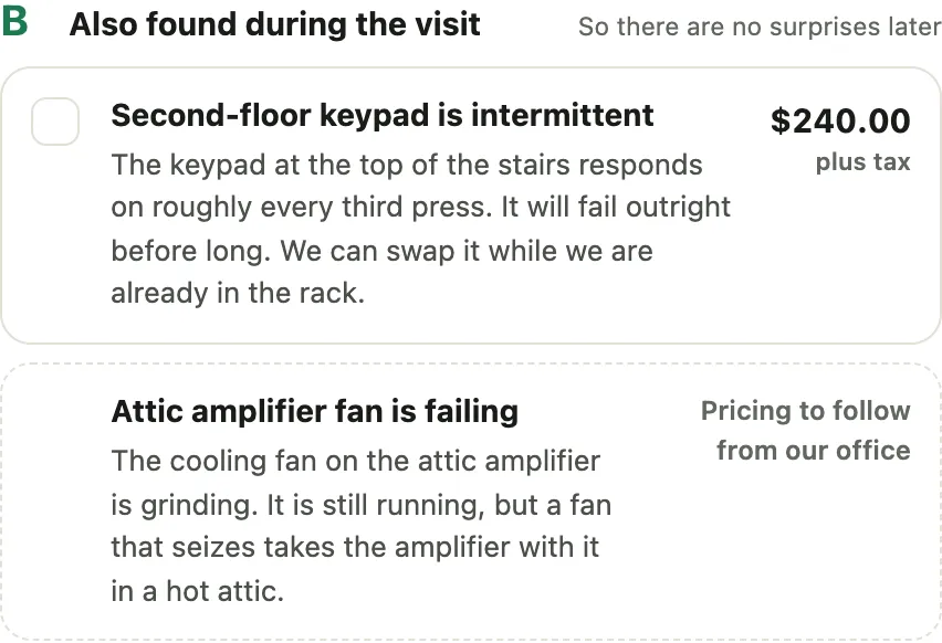Section B: one finding priced, one waiting on the office