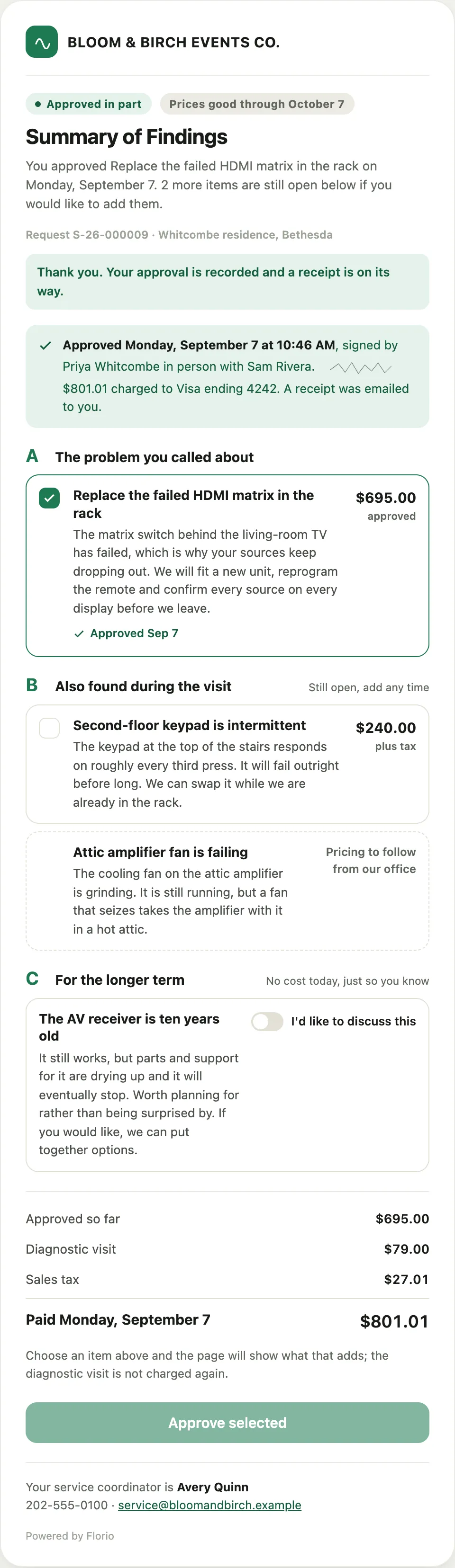 The page after approving the fix: the receipt line, the approved finding, the open findings, and what was paid
