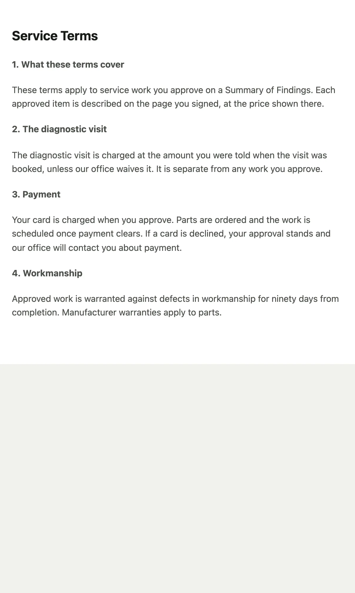 The service terms the customer can read before approving